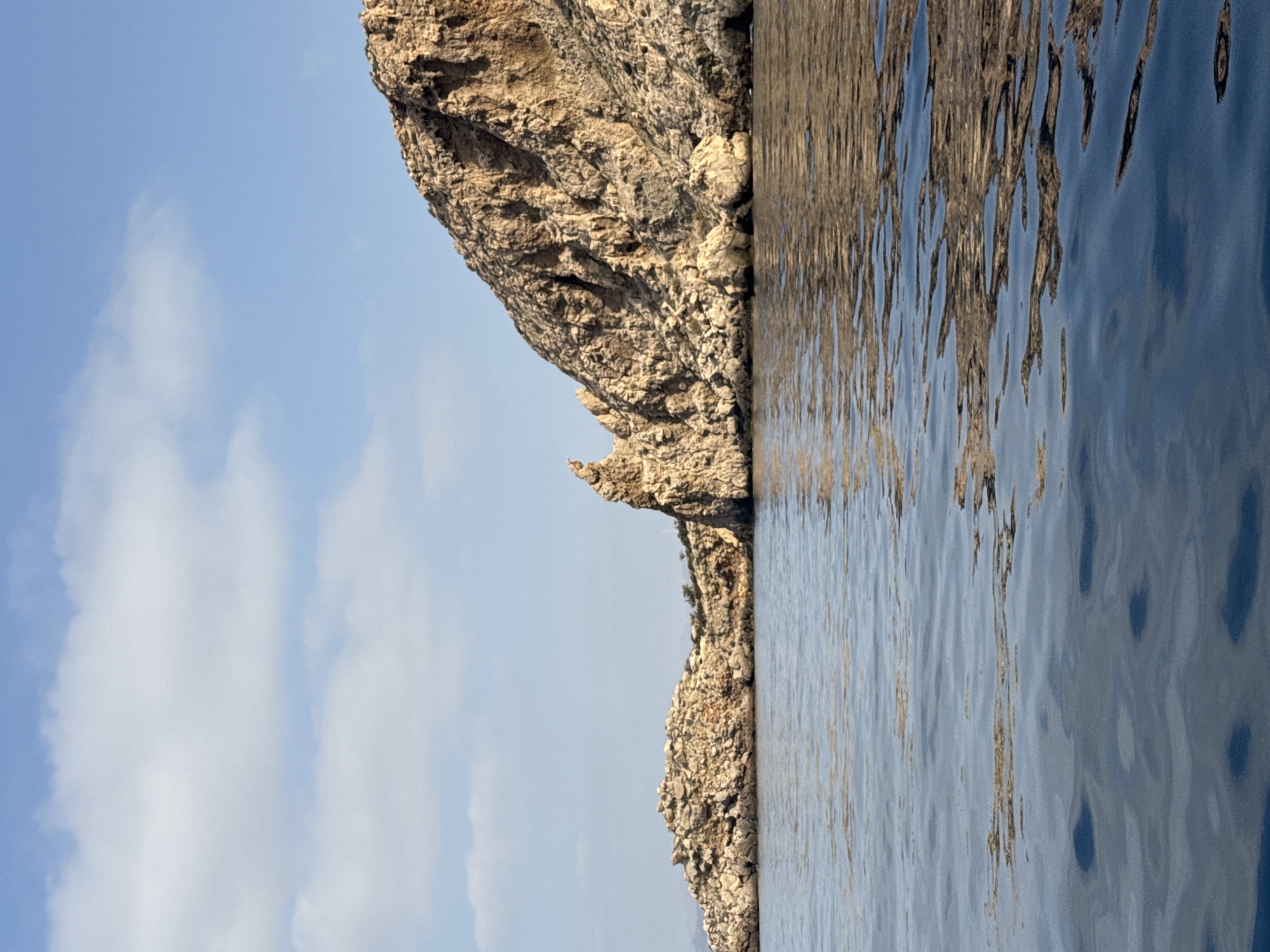 A scenic view of a rugged, rocky coastline and the calm sea under a partly cloudy sky. The coastline is characterized by steep, eroded cliffs with a rough, textured surface. Vegetation appears sparse on the rocky outcrops. The sea is dark blue and shows gentle ripples, reflecting the light from the sky and the rocks. The image captures a natural, uninhabited landscape. It is highly unlikely that this scene is located within the city of Águilas, Spain, as the landscape depicted is characteristic of more arid and rugged coastal regions, not typical of the Spanish Mediterranean coastline around Águilas.