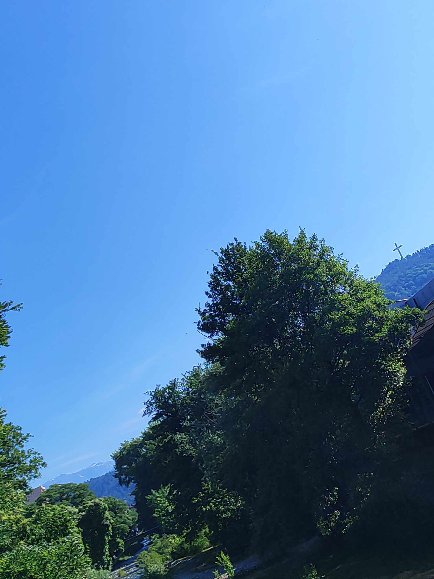 A bright, clear blue sky dominates the top half of the image, with a few faint wisps of clouds visible. In the upper right corner, a cross is perched atop a verdant, tree-covered hill. Below the hill, a dark, angled structure, possibly a roof, is partially visible on the right side. The foreground is filled with lush green trees and foliage. In the distance, through a gap in the trees, snow-capped mountains can be seen under the clear blue sky. The scene appears to be an outdoor environment, possibly a park or natural area within a city, given the presence of the cross and the distant mountains.