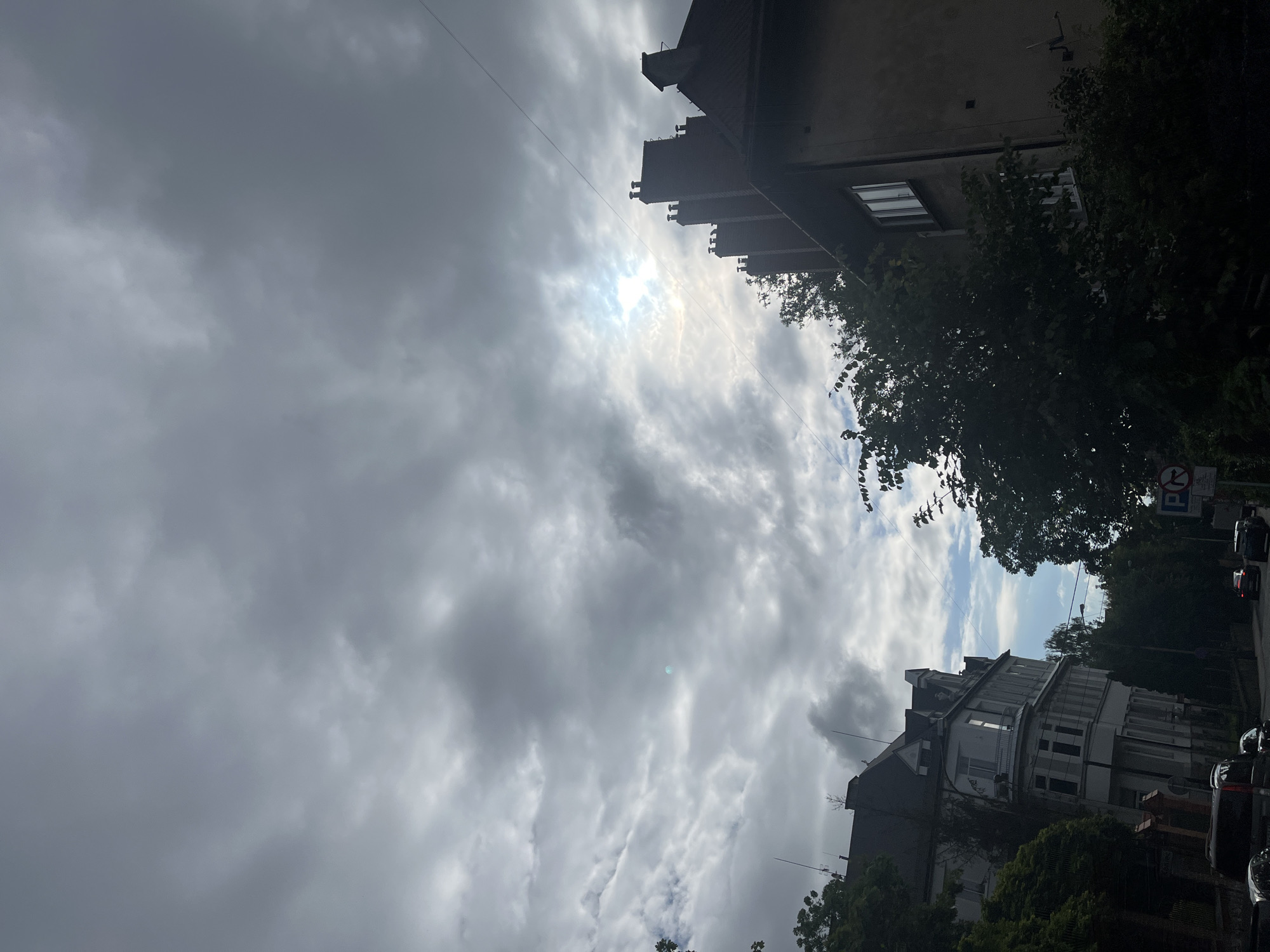 The image depicts an overcast sky with some patches of sunlight breaking through the clouds. The perspective is from street level, looking up at buildings and trees. On the left, a large, ornate white building with multiple windows and a mansard roof is visible. To the right, a darker, more modern building with a red-tiled roof and several chimneys is seen. Dense green trees are interspersed between and in front of the buildings, obscuring parts of them. The street below shows a few cars, some parked and others in motion. Traffic signs, including a circular sign with a red border and a diagonal bar, and another circular sign with a red border and a vehicle symbol, are visible on the right side of the street. A wire stretches diagonally across the upper portion of the image. The overall scene suggests an urban environment, possibly a residential street, with a mix of architectural styles and vegetation under a cloudy sky.