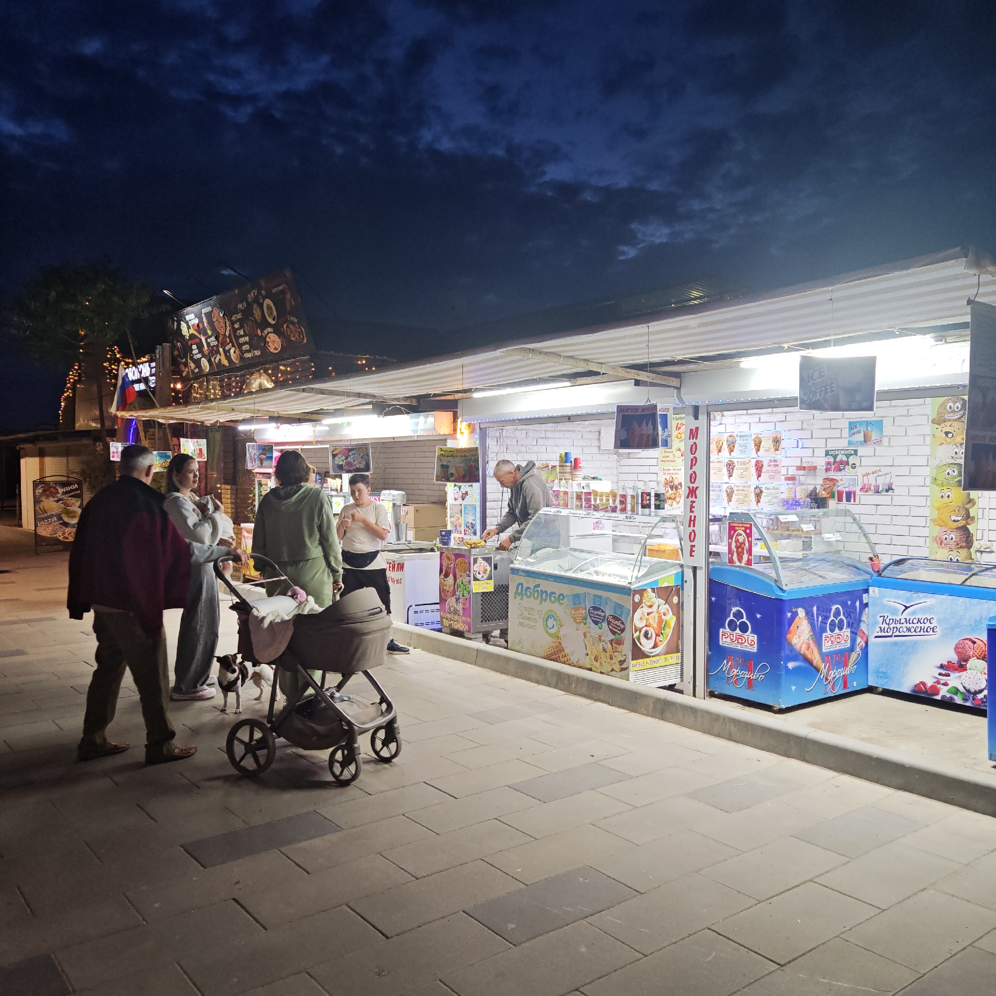 The image captures a bustling evening scene at a row of illuminated food stalls, likely in a market or promenade area. The dark, cloudy sky indicates it's night or late evening.
In the foreground, several people are gathered. A man in a dark jacket stands to the left, while a woman in a light grey outfit holds a baby. Beside her, a baby stroller is visible, with two small dogs standing near it. Another woman in a green tracksuit and a young boy in a white t-shirt are further to the right, also engaging with the stalls.
The stalls themselves are brightly lit, showcasing various offerings. One prominent stall features a vendor behind a counter, possibly preparing food or drinks. Multiple ice cream freezers are visible; one blue freezer is labeled "Доброе" (Good) and advertises "Всегда из свежего молока" (Always from fresh milk). Another blue freezer is branded "Крымское мороженое" (Crimean ice cream). Signs for "МЯТКОЕ МОРОЖЕНОЕ" (Soft Ice Cream) and "ICE COFFEE" hang above the counters. Menus display colorful pictures of ice cream flavors, waffles (labeled "Ο ВАФЛΗ"), and various beverages. A large menu sign further back shows images of pizza and other dishes, with text including "PIZZA".
The atmosphere appears casual and lively, typical of an evening outing at a public space, consistent with the provided location context of Shchelkino, Ukraine.