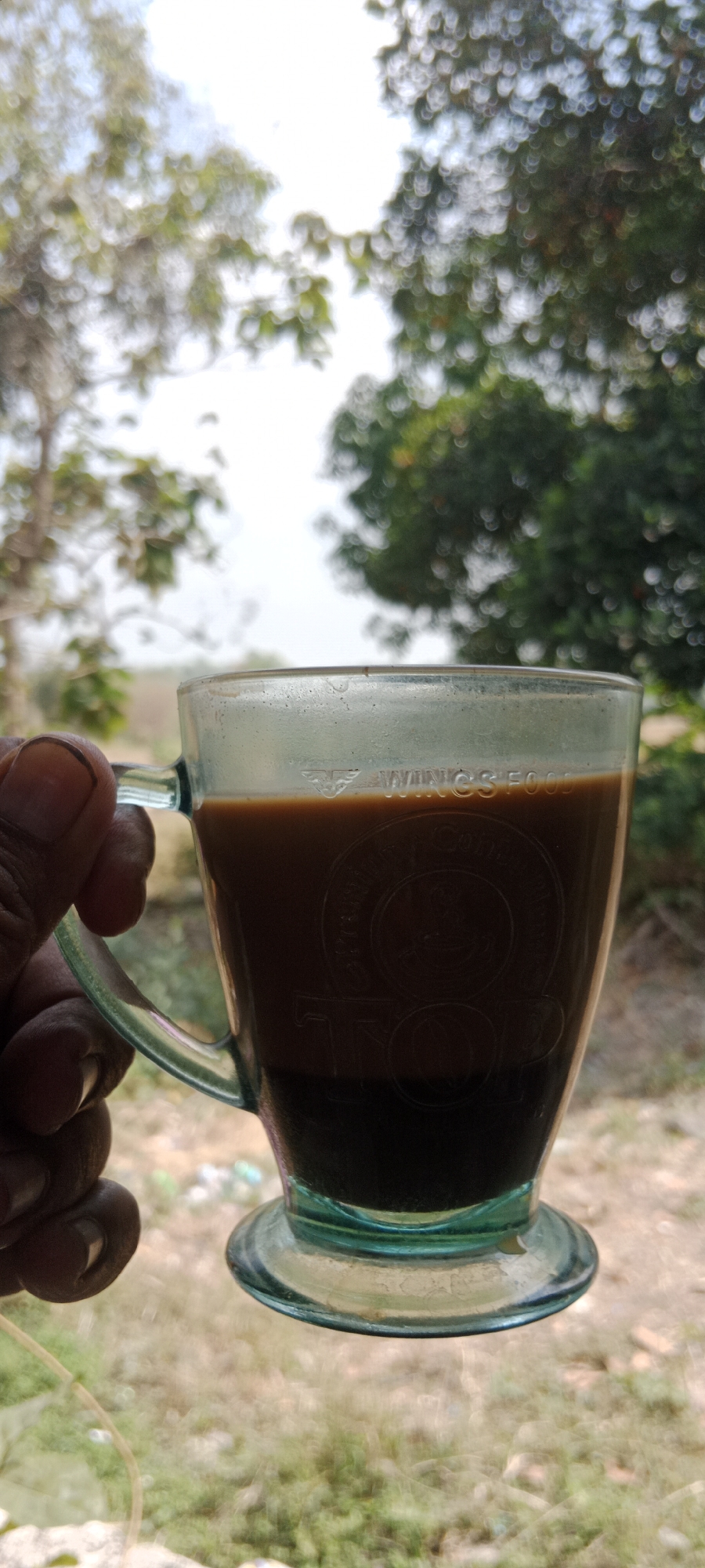 A close-up shot captures a hand holding a glass mug filled with a dark liquid, likely coffee. The mug has a clear glass handle and a slightly textured surface with embossed text that reads "WINGS FOOD." The liquid inside is layered, with a darker, thicker layer at the bottom and a lighter, frothy layer on top. The background is blurred, showing foliage and trees, suggesting an outdoor setting. The ground appears to be dry and covered in sparse vegetation. Based on the context of "Pelang, Indonesia," this image likely depicts a person enjoying a beverage outdoors in a rural or semi-rural area.