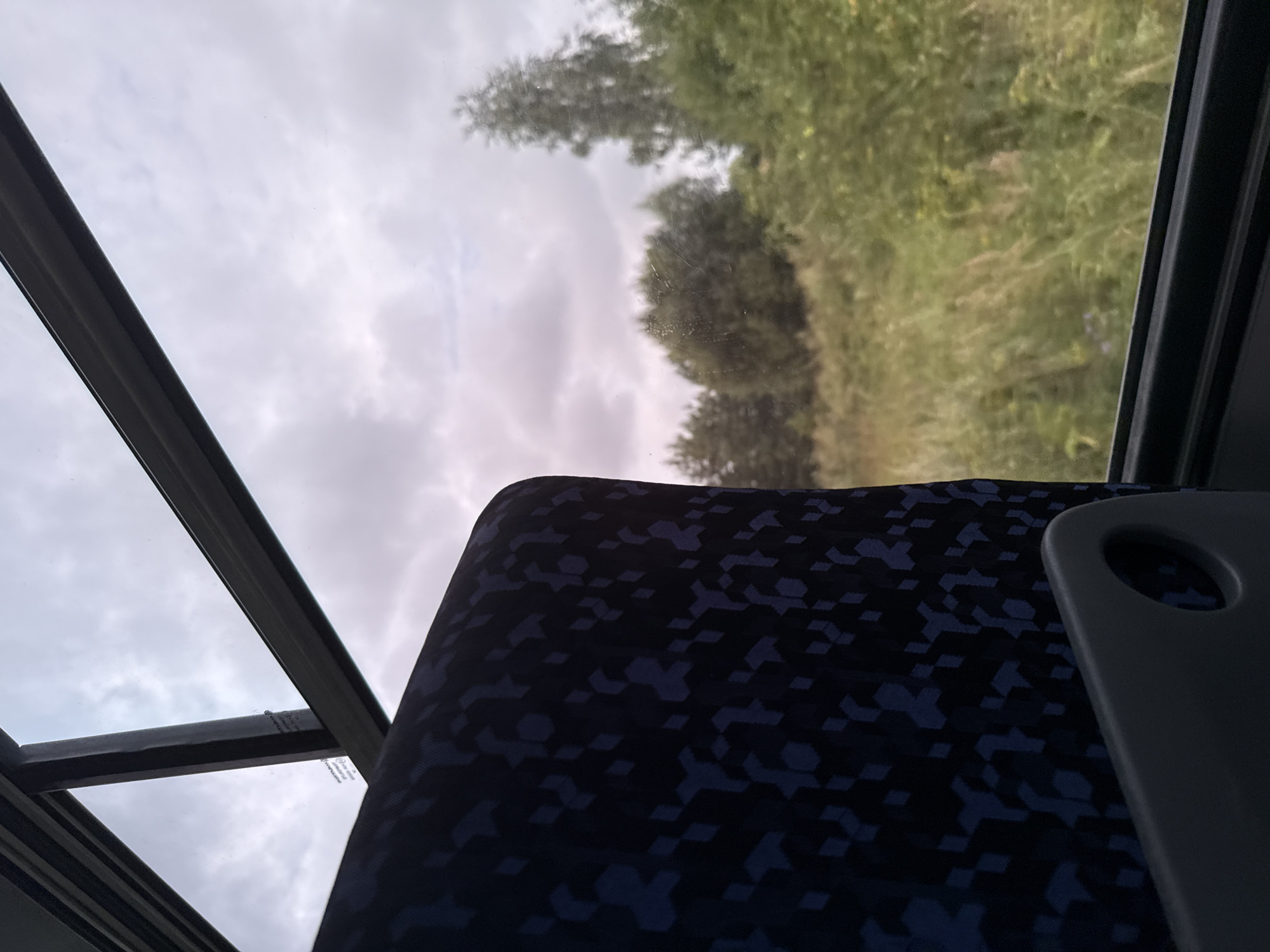 The image shows a view from inside a vehicle, likely a bus, looking out a window. In the foreground, the dark blue patterned upholstery of a seat is visible on the left side. A grey armrest with a circular cutout is partially visible at the bottom. The window frames are dark. Outside, the scene depicts a landscape with green grass and vegetation, interspersed with trees. The sky is overcast with clouds. The specific location in the city of Ярымово, Russia, cannot be determined from the visual information provided in the image. There are no people or discernible actions taking place in the scene.