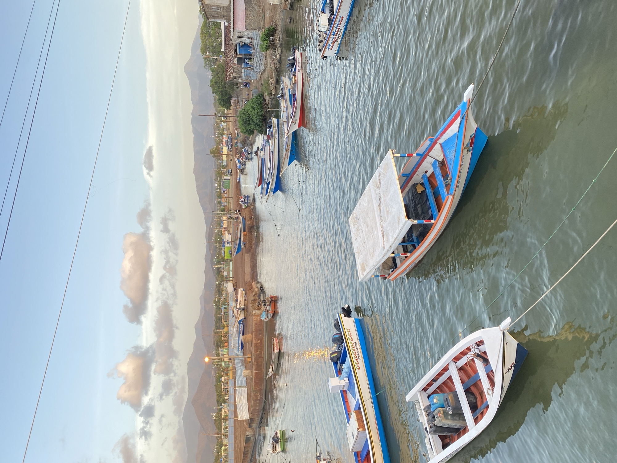 The image shows a harbor filled with small, brightly painted fishing boats in Juan Griego, Venezuela. Many of the boats are tied to the dock, creating a crowded and active scene. The water is calm, reflecting the sky and boats. In the background, a town with buildings and hills can be seen. Power lines are visible crossing the sky. The overall impression is that of a bustling fishing community.