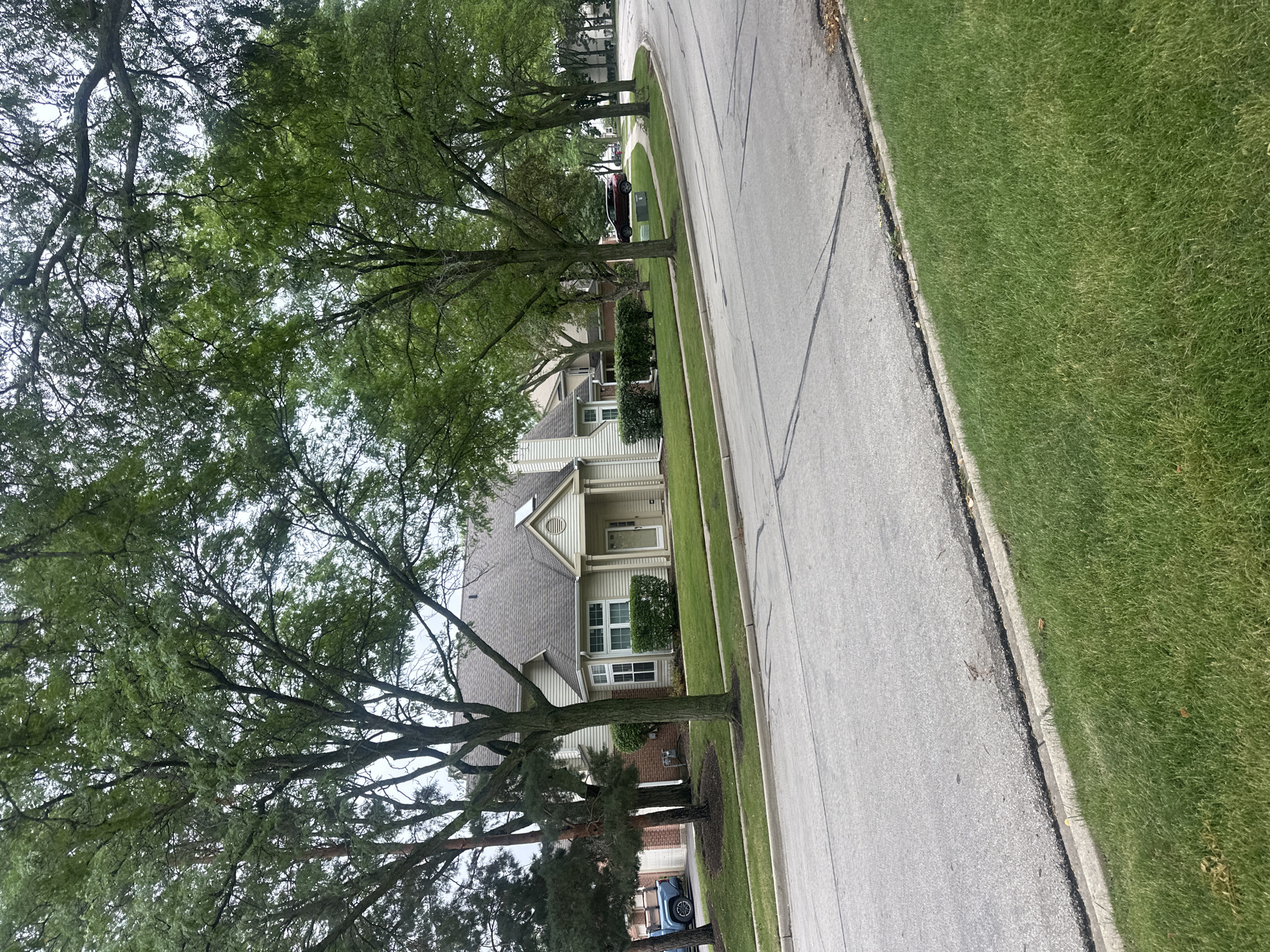The image depicts a suburban street scene in Schaumburg, Illinois, United States of America. In the foreground, a paved road curves to the right, bordered by a well-maintained green lawn. Beyond the lawn, a cluster of trees with lush green foliage lines the street, partially obscuring a row of light-colored townhouses. The townhouses feature peaked roofs, white trim around windows, and front doors. A light blue pickup truck is parked in a driveway to the left, next to a brick garage. Further down the street, a dark red SUV is visible, parked on the grass verge next to a utility box. The sky is overcast, suggesting a cloudy day. The overall impression is of a typical residential neighborhood.