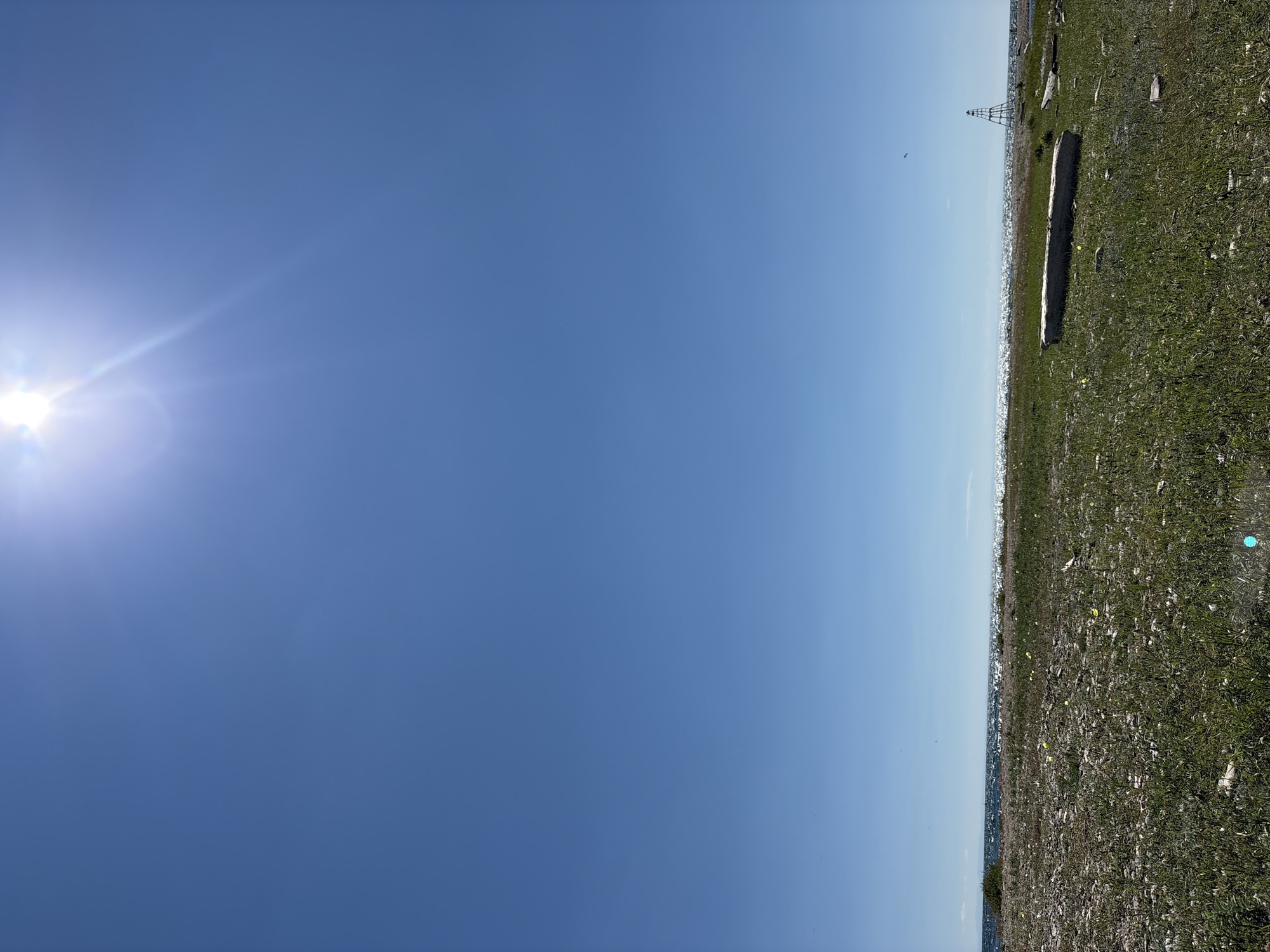 This is a landscape photograph taken in Bugul'deika, Russia, on a clear, sunny day. The image is dominated by a vast expanse of bright blue sky, with the sun shining intensely in the upper portion, creating a lens flare. The foreground features a grassy field dotted with small yellow wildflowers and some scattered rocks and driftwood. A large piece of driftwood lies horizontally in the middle ground. In the distance, the shimmering surface of a body of water, likely Lake Baikal given the location, stretches across the horizon. A navigational marker, appearing as a tall, skeletal tower, is visible on the right side of the image near the shoreline. There are no people or animals present in the scene. The environment appears to be a natural, undeveloped area along a coastline.