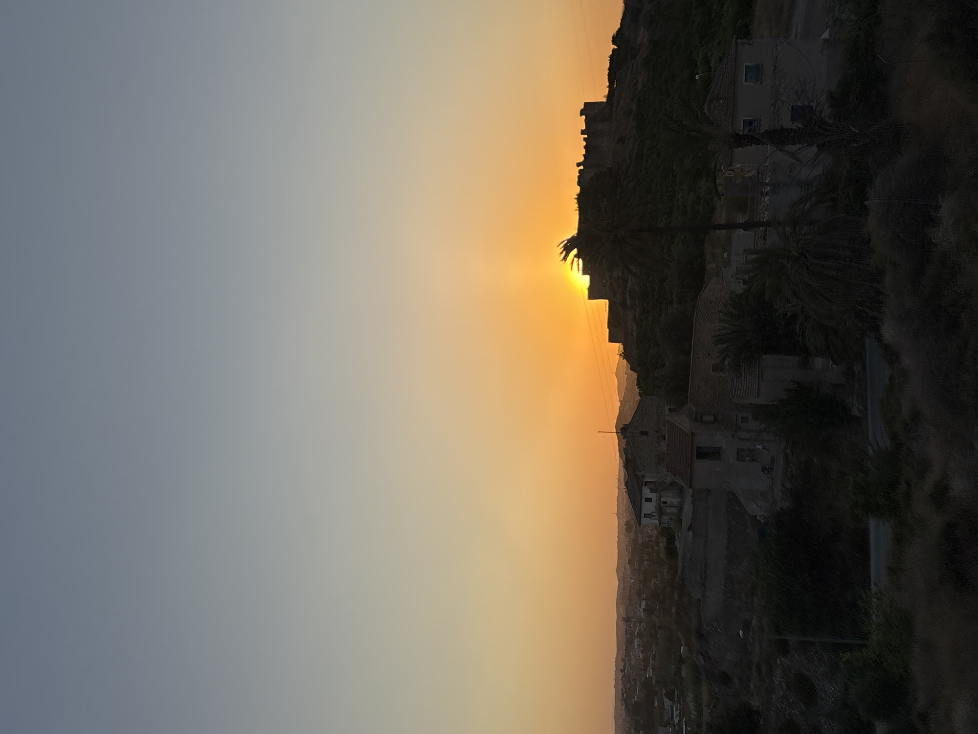 The image captures a sunset over the city of Monteagudo, Spain. The sun is partially obscured by a crumbling stone structure, likely a castle or fortress, situated atop a hill in the background. The sky transitions from a pale blue at the top to a vibrant orange and yellow as it nears the horizon. In the foreground, several dilapidated buildings are visible, interspersed with lush greenery and palm trees. The overall scene suggests a historic and somewhat weathered landscape bathed in the warm light of the setting sun. There are no people or animals clearly visible in the image. The environment appears to be rural or semi-rural, with a sense of stillness and tranquility.