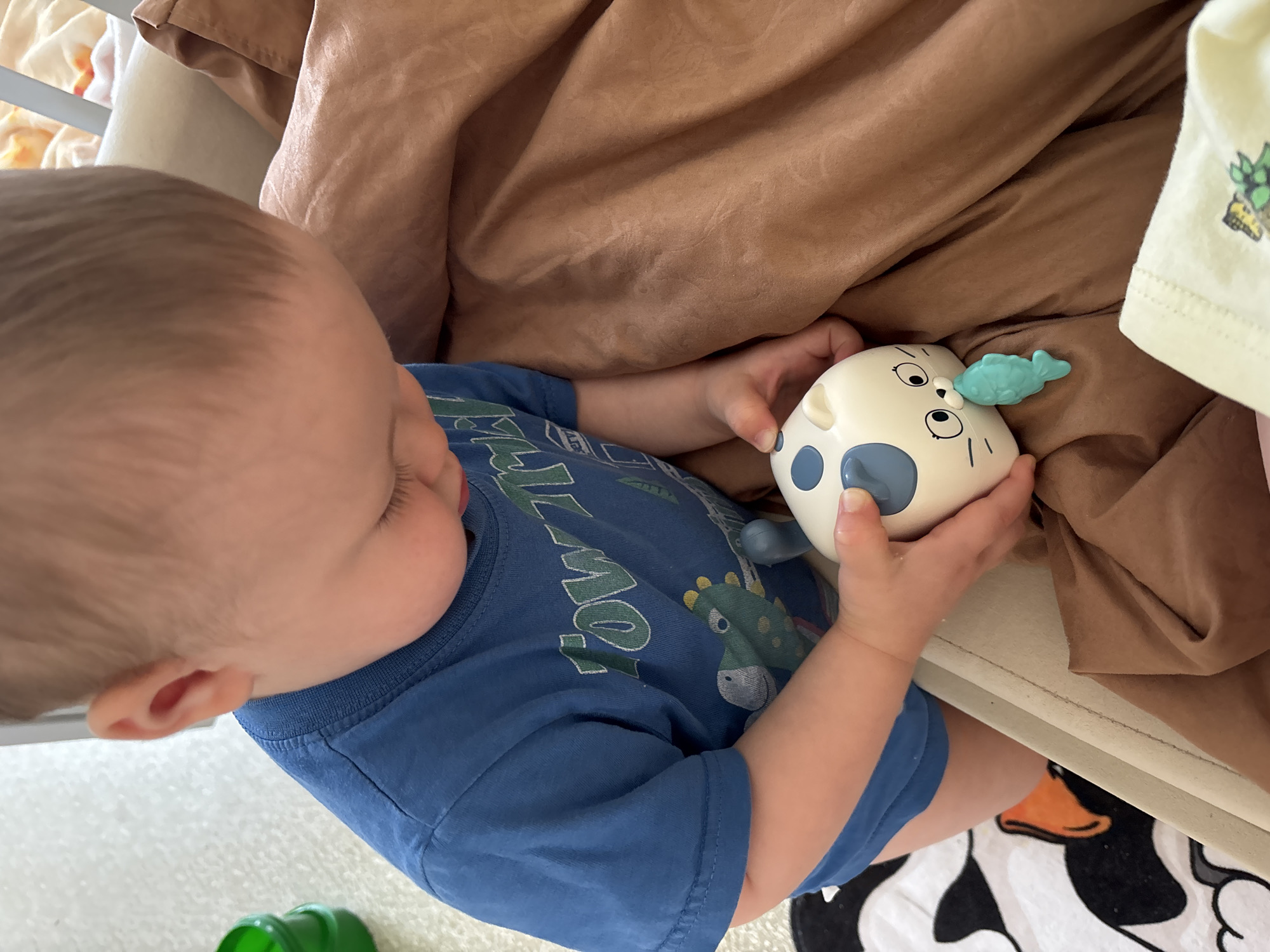 The media file shows a close-up, overhead view of a baby playing with a toy. The baby, likely a toddler, is wearing a blue t-shirt with a dinosaur graphic and text that appears to read "ROAR" in green and white lettering. The toy is a white, round object with blue circular markings and a face with black eyes and a mouth. A small, teal-colored fish-shaped object is attached to the toy's nose. The baby is holding the toy with both hands, seemingly focused on interacting with it.
The setting appears to be indoors, possibly a nursery or play area. A brown blanket or fabric is draped in the background, partially obscuring what could be a bed or crib. The floor is visible in the lower part of the image and has a black and white pattern, possibly a rug with a cow print. A green object, possibly another toy, is visible in the lower left corner. The lighting suggests daytime, and no specific weather cues are apparent. The baby's expression is not clearly visible, but the overall scene conveys a sense of calm play and engagement. The location context provided is Naberezhnye Chelny, Russia.