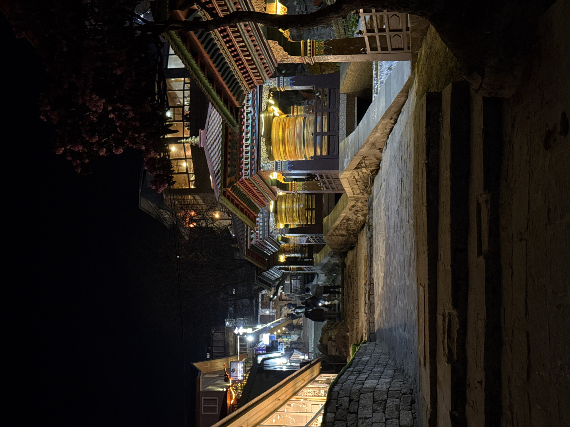 This nighttime image presents a vibrant street scene, likely an alleyway or path, within a traditional town or village. The perspective appears to be looking up a gently sloping thoroughfare, richly illuminated by various artificial lights.
On the left, several buildings display intricate, colorful architecture, characteristic of Himalayan or East Asian styles. Their multi-tiered roofs feature ornate wooden carvings and painted patterns in shades of red, green, and gold. Prominently integrated into the facades are large, golden cylindrical prayer wheels, glowing warmly from nearby lights. A dark tree branch laden with small pink blossoms hangs into the upper left quadrant, adding a natural element to the structured environment. Windows of these buildings are brightly lit, casting a welcoming glow onto the street.
The right side of the frame features a sturdy stone wall and a series of dark stone steps that ascend towards the upper right. The pathway itself is a mix of rough-cut stone and cobbled sections, guiding the eye deeper into the scene.
In the mid-ground, several indistinct human figures are visible on the path, either walking or standing, mostly silhouetted against the bright lights of shops and establishments. These lower buildings feature various illuminated signs and decorative string lights, contributing to a bustling market atmosphere. One sign prominently displays what appears to be "44" and characters resembling Korean Hangul, with "DAEAN" potentially legible below, suggesting a specific business or cultural influence.
The scene captures a lively evening, where warm artificial lights create a striking contrast against the dark night sky. The overall ambiance is one of cultural richness and community activity. The traditional architecture, prayer wheels, and stone pathways strongly suggest a location like Namche, Nepal.