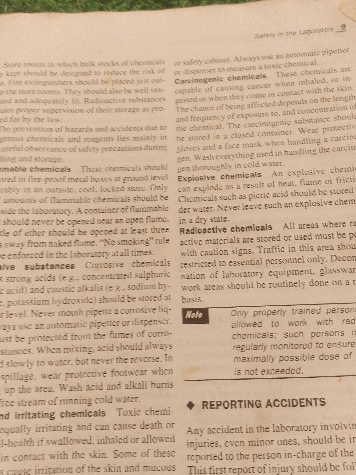 The image is a scanned document page, likely from a textbook or safety manual, titled "Safety in the Laboratory 9". It contains text discussing various types of hazardous chemicals and safety precautions in a laboratory setting. There are no people, objects, or any elements that would allow for a description of a scene in Jauro Yinu, Nigeria, or any other specific location. The content is purely informational text.