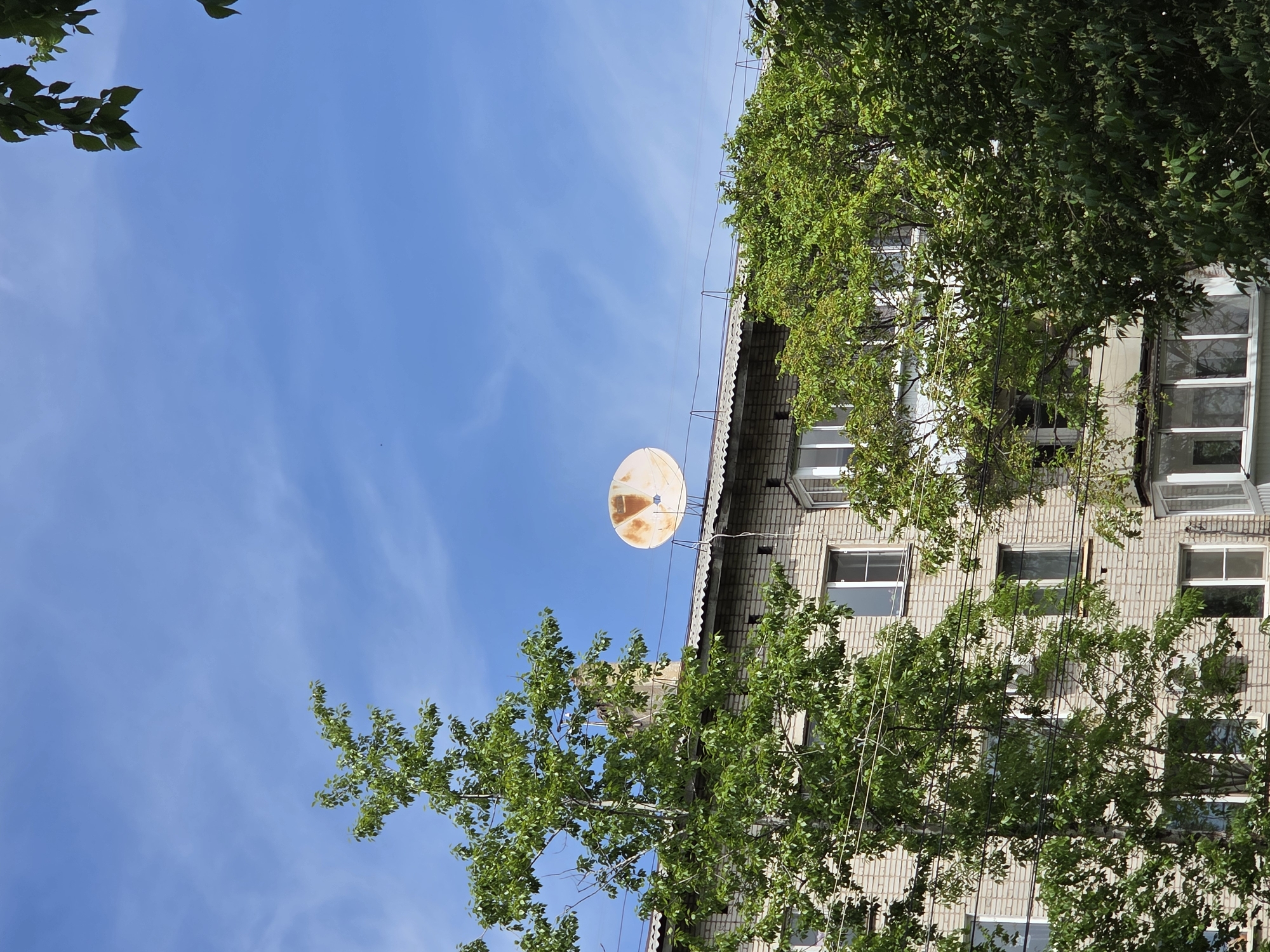 The image shows a residential building in Birobidzhan, Russia. The building is made of light-colored brick with white window frames. Several windows are visible on the side of the building facing the camera. Green trees partially obscure the view of the building. A satellite dish is mounted on the roof of the building. The sky above is blue with wispy clouds.
