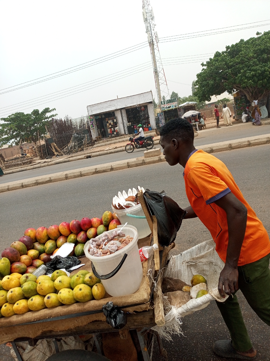 In a daytime street scene in Tempure, Nigeria, a young man pushes a wooden street vendor cart laden with various items. He is wearing an orange t-shirt with blue trim on the sleeves and dark green trousers. His cart is piled high with fresh mangoes of different ripeness, ranging from yellow to red-green. On the cart, there are also two white plastic buckets; one holds numerous small plastic bags filled with what appear to be nuts or snacks, and the other contains a liquid with some floating items, possibly fruit or ice. A black plastic bag hangs from the side of the cart, and a plastic Coca-Cola bottle is also visible. The man is focused on moving his cart along the edge of a paved road.
In the background, a street runs parallel to the cart. Across the road, there's a single-story building with a white facade and a covered entrance, possibly a shop, with the text "K.B LAMBUS" visible on its sign. A person on a red motorcycle is riding past this building. Further down the street to the right, several people are gathered or sitting under a large, leafy tree. A tall cellular tower or mast stands prominently in the center-right background, with power lines crisscrossing the sky. The sky appears bright but somewhat overcast, suggesting a hazy or cloudy day. To the left, there are more trees and some construction materials or wooden structures.