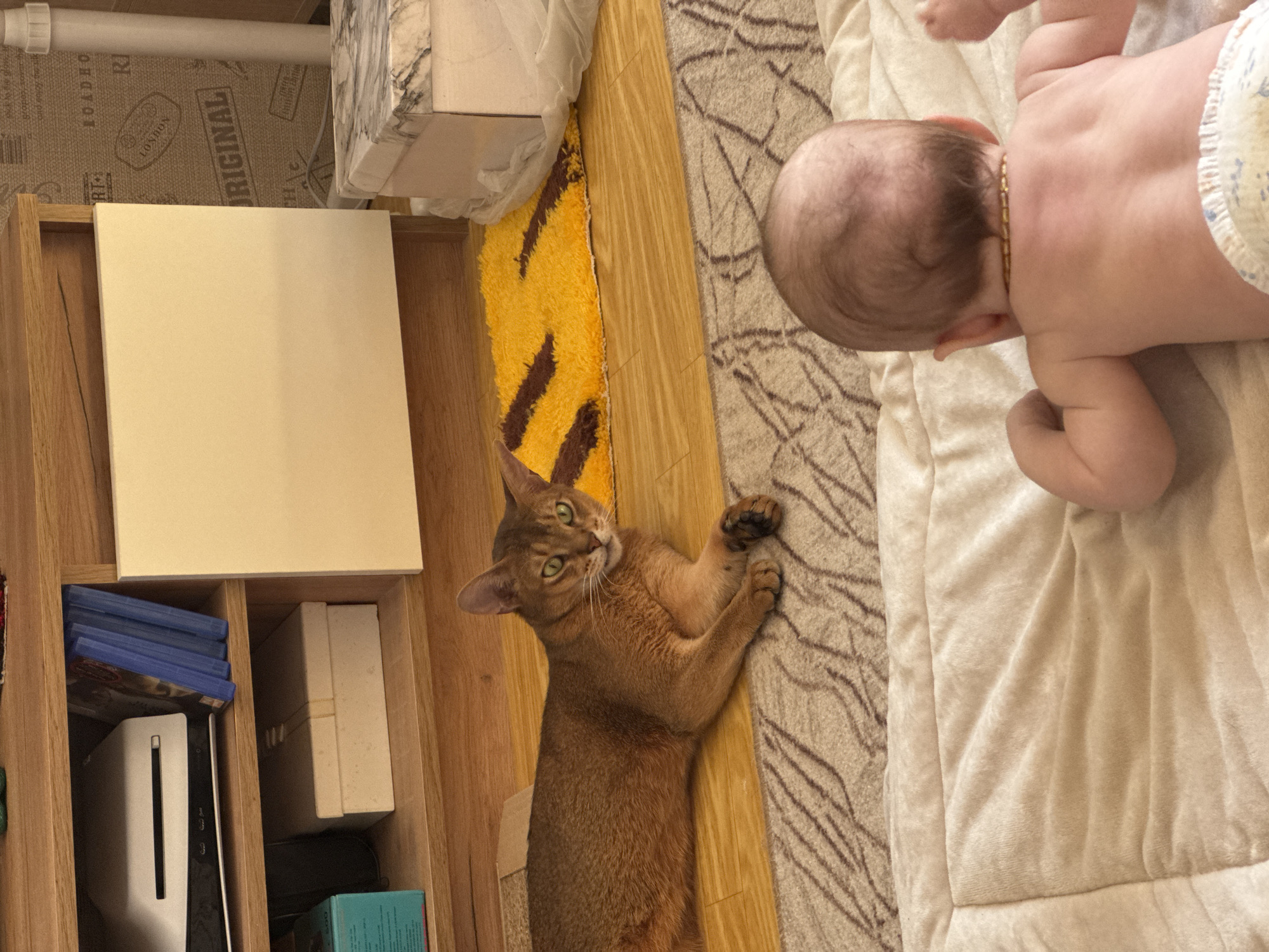 A cat is lying on a floor mat near a baby lying on a beige blanket. The cat is brown with green eyes, its front paws are extended in front of it. The baby is lying on its stomach with its head facing the cat. The baby is wearing a diaper and a beaded necklace. A wooden cabinet is to the left, containing video game consoles, game cases, and other small objects. A partially visible cardboard box and a white pipe are on top of the cabinet. A yellow and brown rug is near the cat and cabinet. The location appears to be a home interior. The city is not ascertainable from the image.