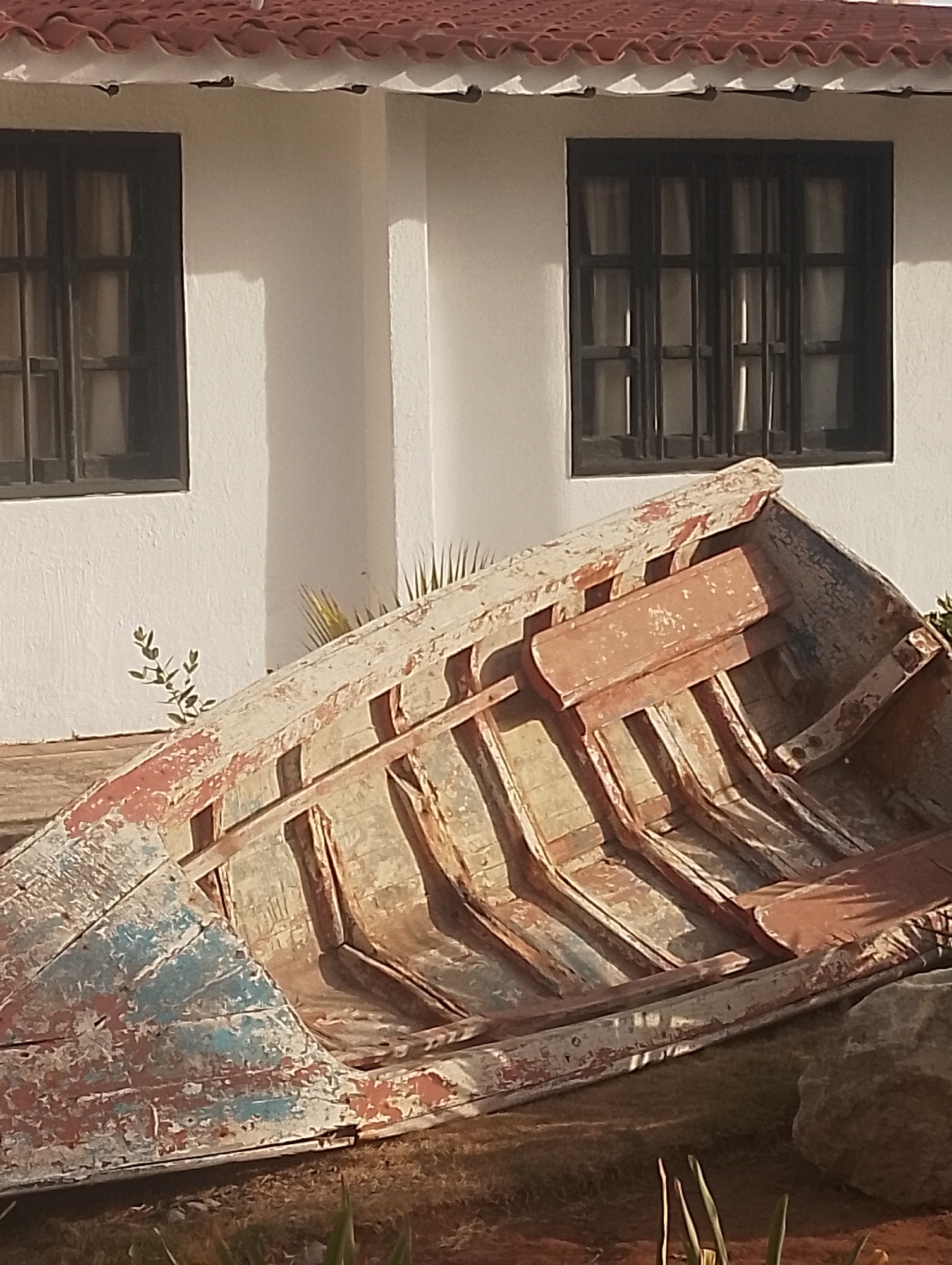 A weathered, decaying wooden boat rests on the ground in front of a white building with a red tile roof. The boat's paint is peeling, revealing layers of blue, red, and white. It appears to be an old fishing boat, with visible ribs and a partially collapsed structure. The building behind the boat has two dark-framed windows with multiple panes. The ground around the boat is covered in dry grass and sparse vegetation. The scene is bathed in sunlight. It is difficult to confirm the location of Porlamar, Venezuela.