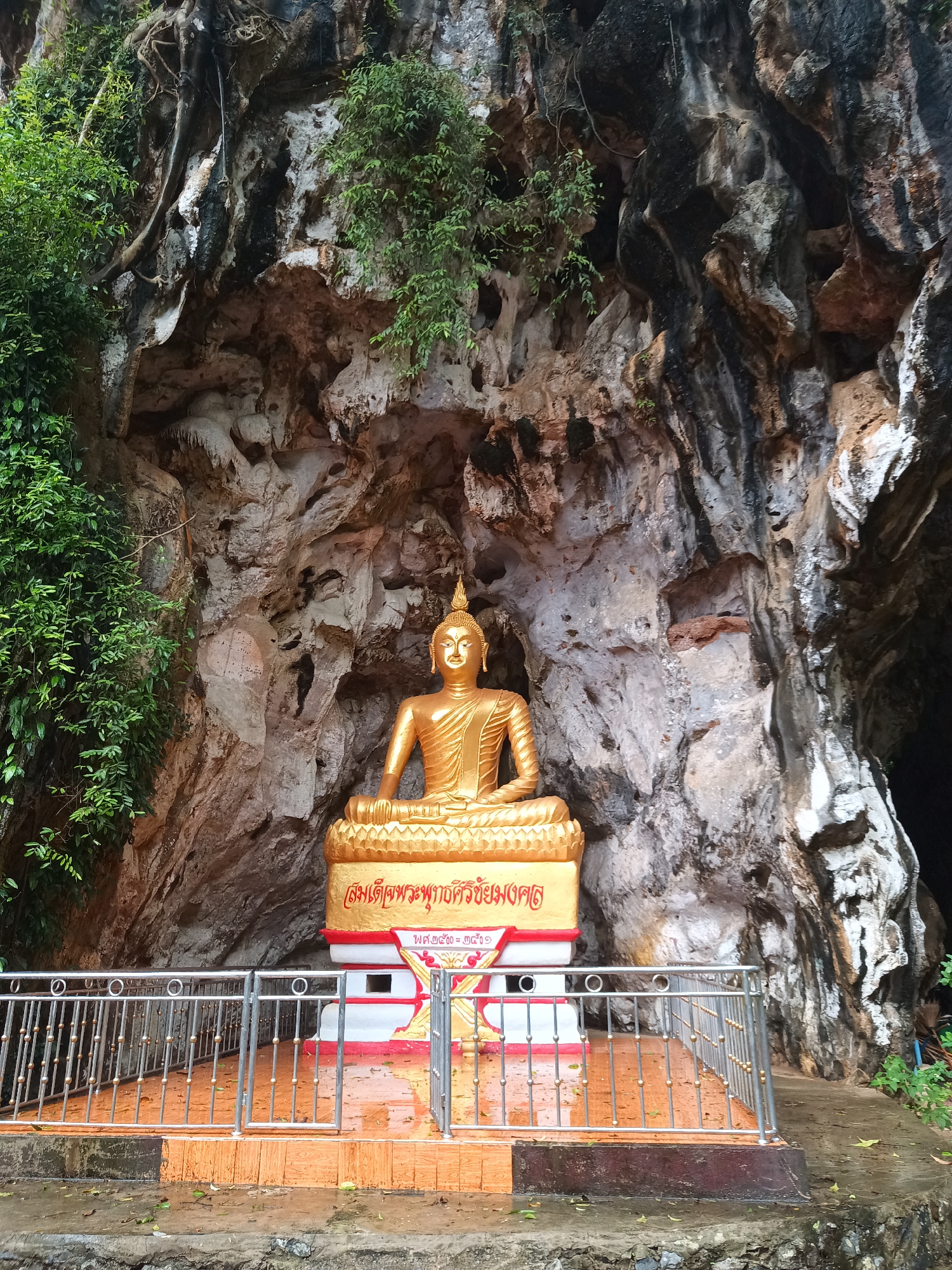 A medium shot depicts a golden Buddha statue within a cave-like alcove. The statue is seated on a red and white base with Thai inscriptions. A low metal railing surrounds the base, set on a tiled surface. The cave walls are a mix of light and dark rock textures, with green foliage growing from the top and left side. The photo appears to be taken in a natural setting, likely a temple or religious site of Unknown, Unknown.