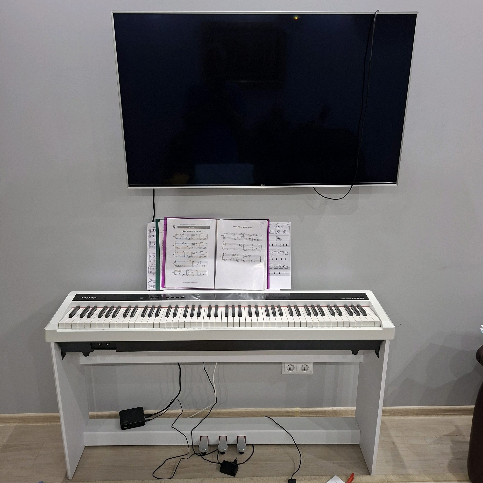 In Anapskaya, Russia, a white digital piano sits below a large, black television mounted on a grey wall. Sheet music is displayed on a stand above the piano. The piano stand has a shelf where a black electronic device and power cords are placed. Three pedals are visible on the floor in front of the stand, connected to power cords. The floor is covered by a light-colored rug.
