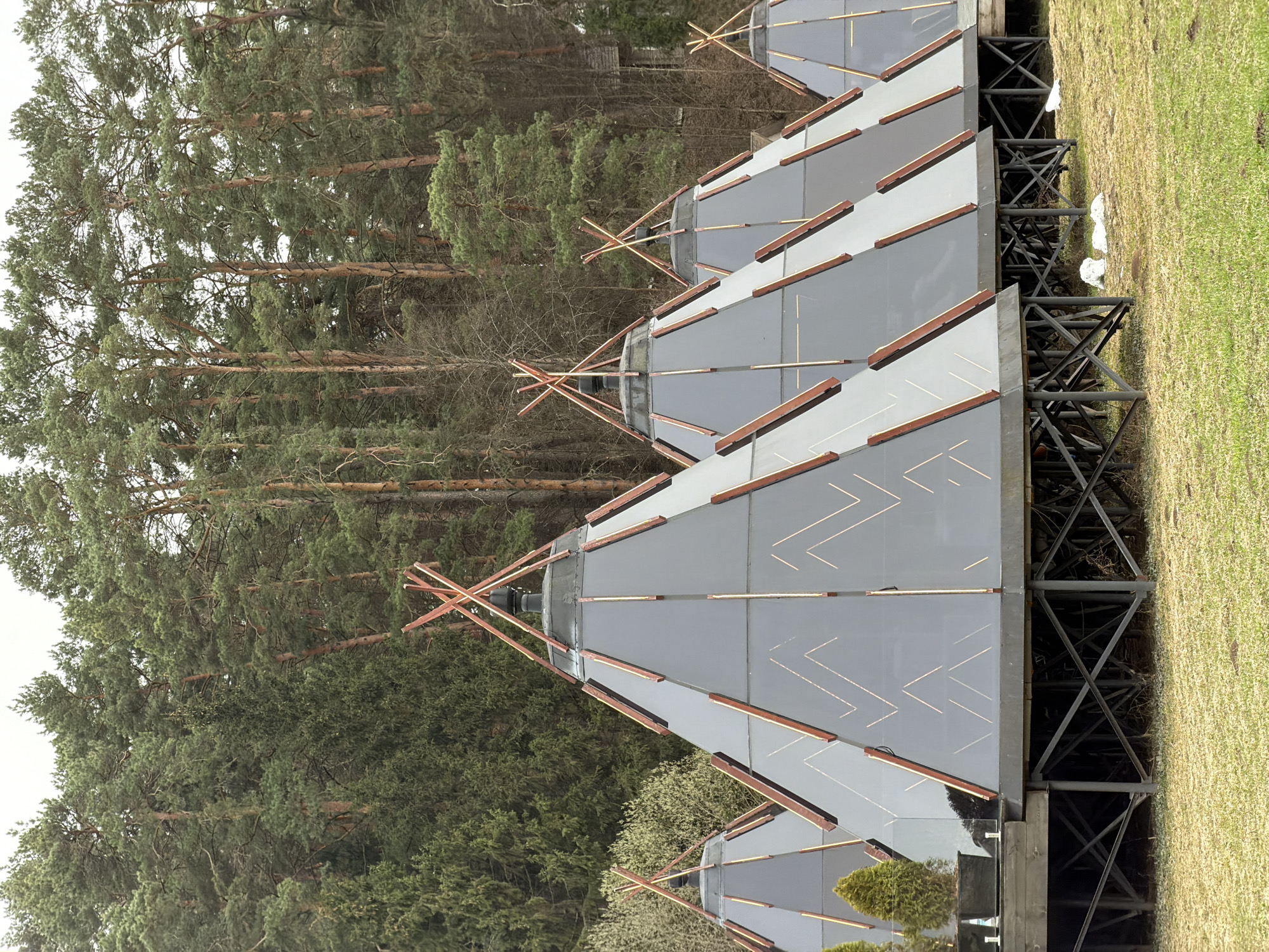 A row of modern teepee-like structures are positioned near a forest in Санатория "Восход", Russia. The structures have a dark, reflective surface and are supported by a black, metal framework. Each teepee is topped with crossed wooden poles. The background shows a dense forest with tall pine trees, and a patch of green grass is visible on the right.