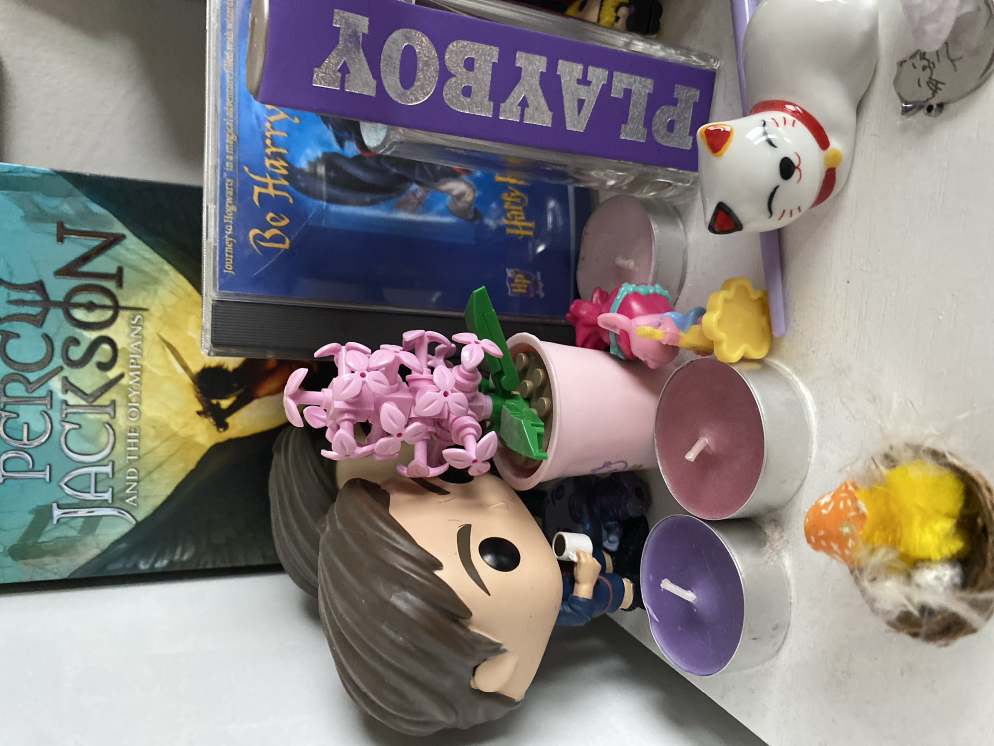 The image depicts a collection of decorative items and media arranged on a white shelf. In the background, a book titled "Percy Jackson and the Olympians" is visible, along with a CD case for "Be Harry." To the right of the CD case is a tall, purple object with silver lettering that appears to spell "PLAYBOY."
In the foreground, several smaller items are arranged. A Funko Pop figure of a young boy holding a coffee cup stands to the left. Next to it is a pink artificial flower in a small pink pot. Several small, round tealight candles in metallic holders are placed in front of the other objects; two are visible, one purple and one pink. Below these candles, a miniature nest contains a small yellow chick with an orange and white mushroom-shaped head. Further to the right, a small white ceramic cat figurine, possibly a Maneki-neko, is positioned. A small gray charm of a cat-like creature is visible at the bottom right corner of the image. A pink unicorn figure is also present.
The overall scene suggests a personal display of various collectibles and decorative elements, likely in a home environment. The specific location in Bílina, Czechia is not discernable from the image itself.