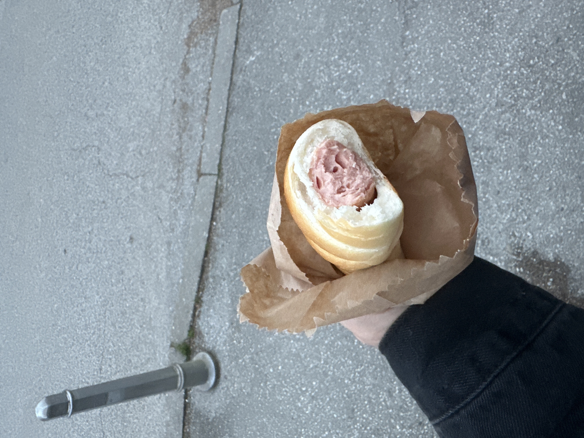 A person is holding a cut-off hot dog in a paper bag. The person is wearing a black denim jacket. The background is a sidewalk in Zagreb, Croatia, with a metal barrier pole visible.