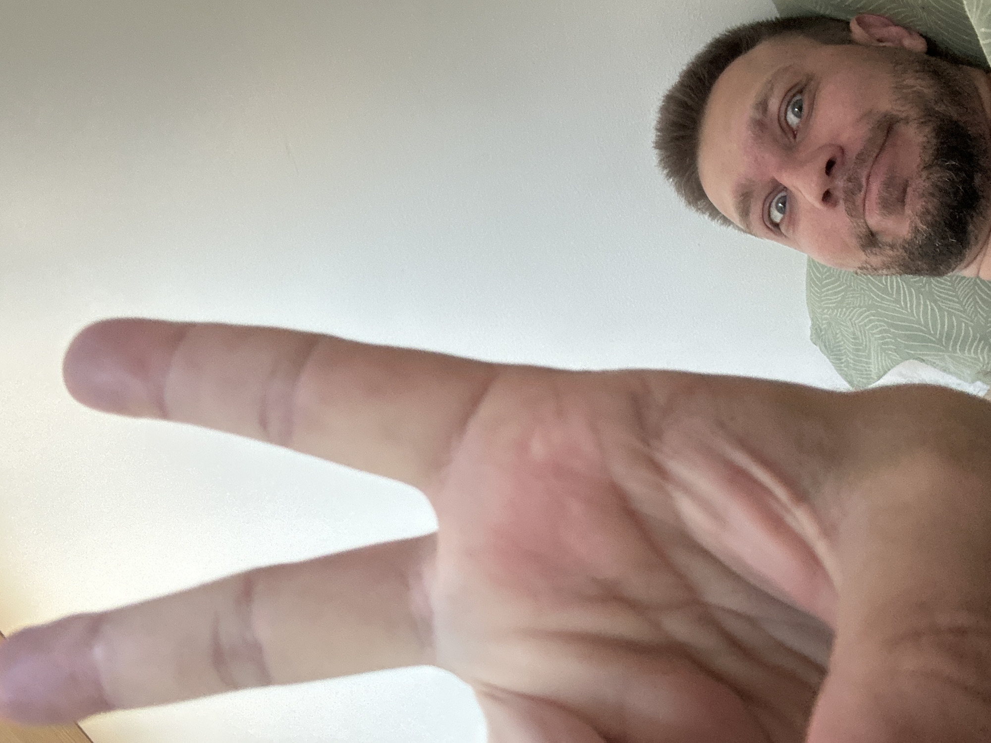 The image is a selfie taken indoors, likely in a bedroom, with a man lying down and making a peace sign with his hand in the foreground. The man has short brown hair and a beard, and he is looking directly at the camera with wide eyes. He is wearing a green and white patterned shirt. The background is a plain white wall. The overall impression is informal and playful. The location in Zvezdara Urban Municipality, Serbia is not discernible from the image itself.