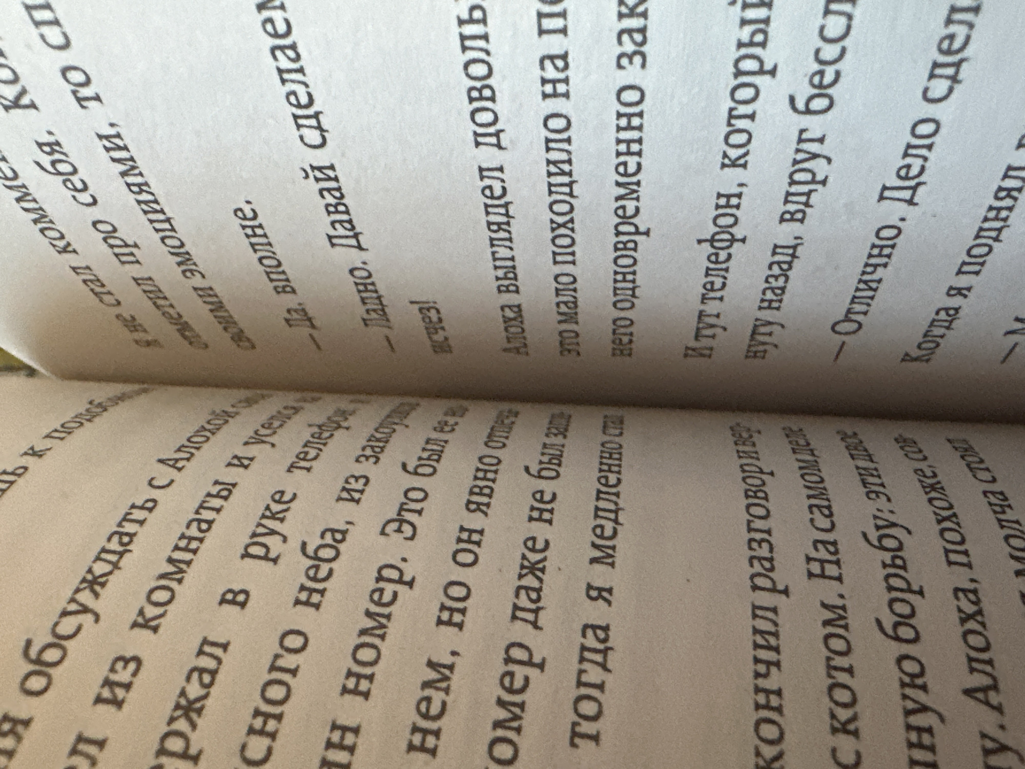 This media file captures a close-up, angled view of an open book. The pages are filled with Russian text, printed in a serif font. The text is oriented diagonally across the frame, suggesting the book is lying flat or being held at an angle.
The content of the text appears to be narrative, with dialogue indicated by quotation marks and dashes. Phrases like "Да, вполне" (Yes, quite) and "Ладно. Давай сделаем" (Alright. Let's do it) suggest a conversation between characters. Other visible text includes "не номер" (not a number), "Алоха" (likely a character's name), and "телефон" (telephone). The presence of these elements indicates a scene involving communication and potentially action.
The lighting in the image is soft and diffused, creating a gentle illumination on the pages. The paper itself has a slightly aged, warm tone, typical of printed books. The overall impression is one of quiet contemplation or a moment frozen in the act of reading. No specific location cues are visible, beyond the fact that the text is in Russian. The focus is solely on the book and its printed words, inviting the viewer to imagine the story unfolding within.