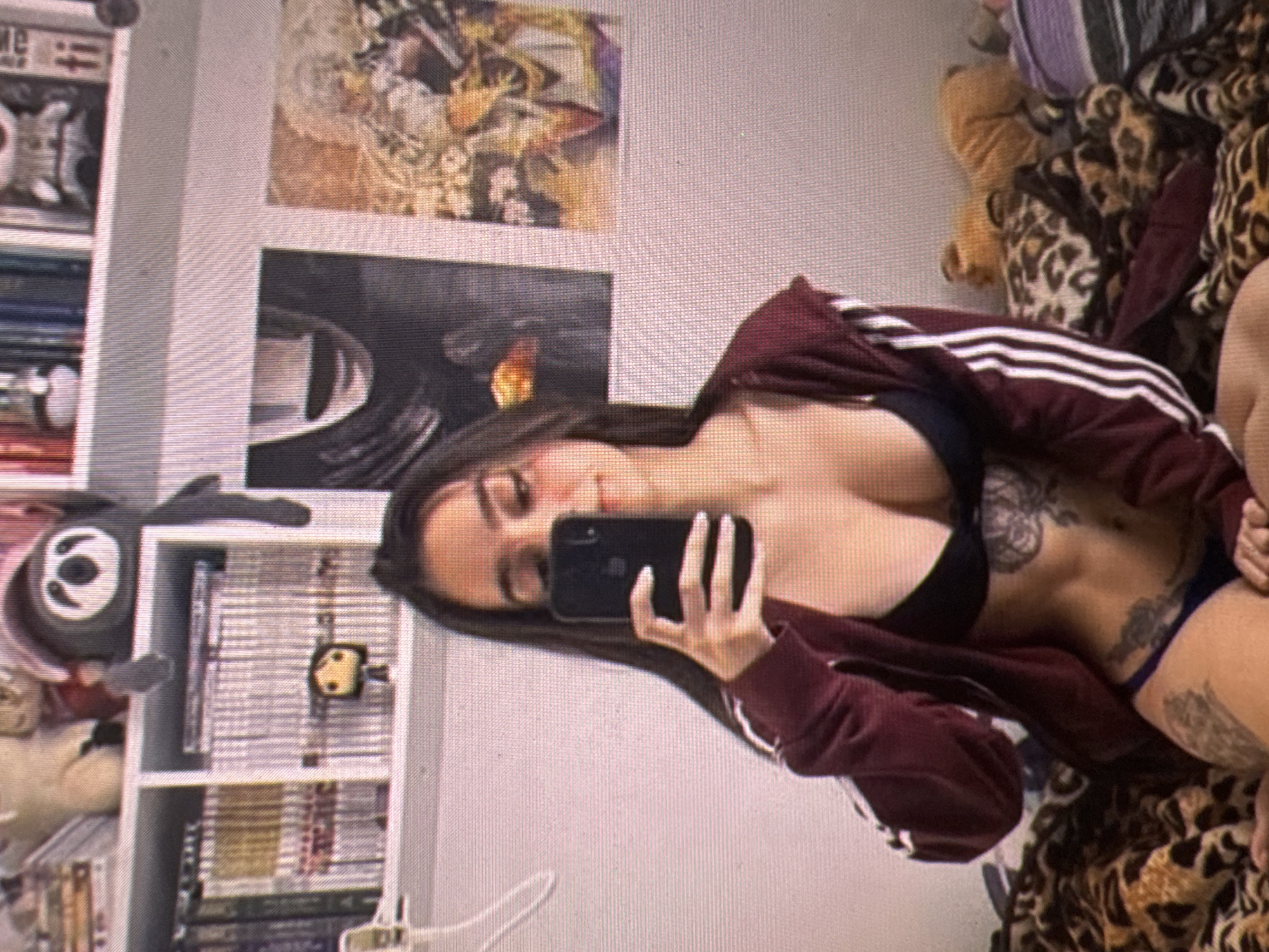 The image shows a young woman with long dark hair taking a selfie in what appears to be a bedroom. She is wearing a maroon zip-up hoodie over a black bra and dark underwear, revealing tattoos on her stomach and thigh. She is holding a black smartphone in her right hand. Behind her, shelves are filled with books and decorative items, including a Funko Pop figurine and a plush sloth. Two posters are visible on the wall behind the shelves. The room is cluttered with blankets and stuffed animals on what seems to be a bed. The lighting is dim, suggesting an indoor setting. There is no information available about the location in the city of Castelo Branco, Portugal.