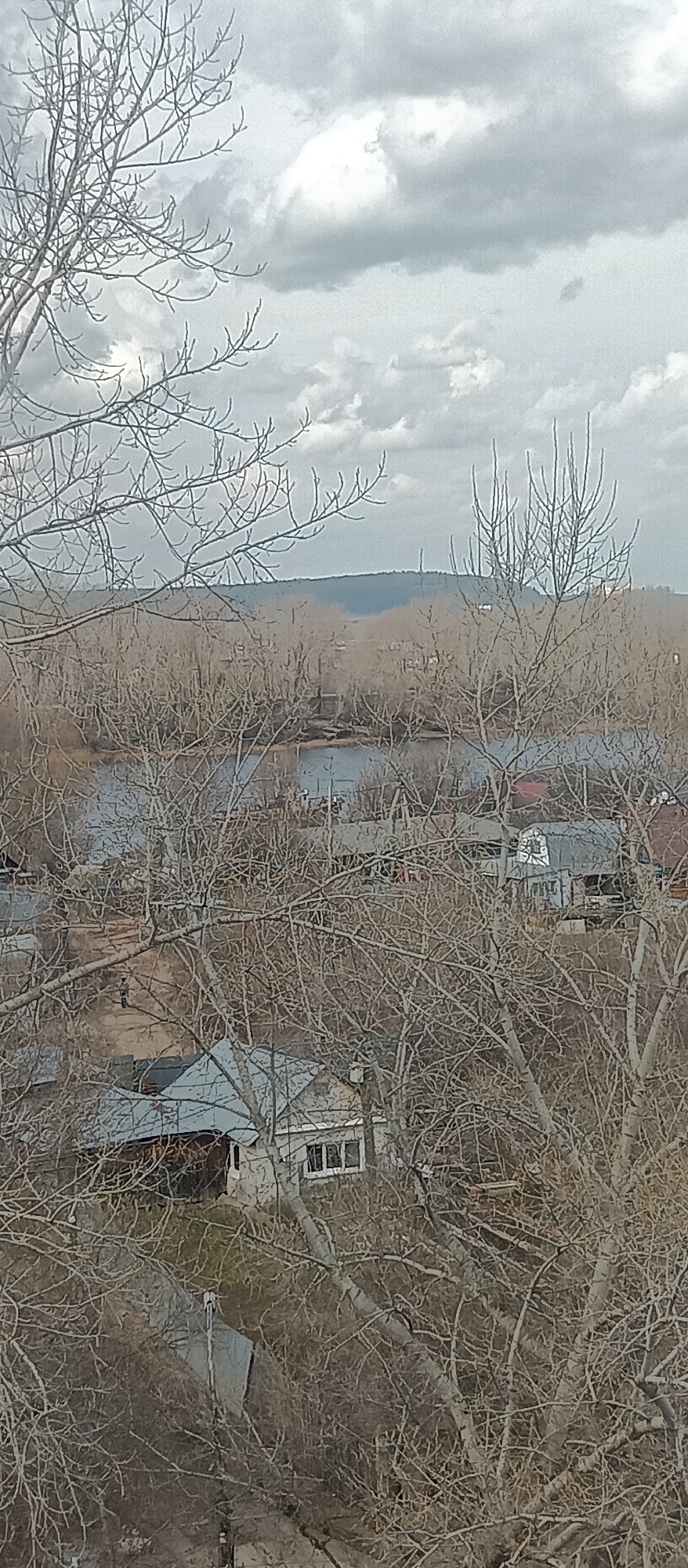 The image captures an outdoor scene from an elevated perspective, looking down through a dense network of bare, leafless tree branches that dominate the foreground and midground. The branches, appearing to belong to deciduous trees, suggest a season of late winter or early spring.
Beyond the immediate trees, a tranquil body of water, likely a river or large stream, is visible in the mid-distance. Along its banks, and partially obscured by more trees, are several small buildings or houses. One house in the lower-left portion of the frame features a grey roof and light-colored walls with visible windows. Another building with a bluish-grey roof is seen further to the right. In one of the cropped views, a small, dark figure, possibly a person, can be discerned walking on a path near the river.
In the far background, a low-lying ridge or range of hills stretches across the horizon. The sky is overcast with thick, grey clouds, indicating a cloudy or potentially gloomy day. The overall lighting suggests it is daytime. No specific activities other than the potential walker are clearly depicted. The scene conveys a somewhat serene or quiet atmosphere, characteristic of a rural or semi-urban landscape during the colder months. There is no visible text in the image.