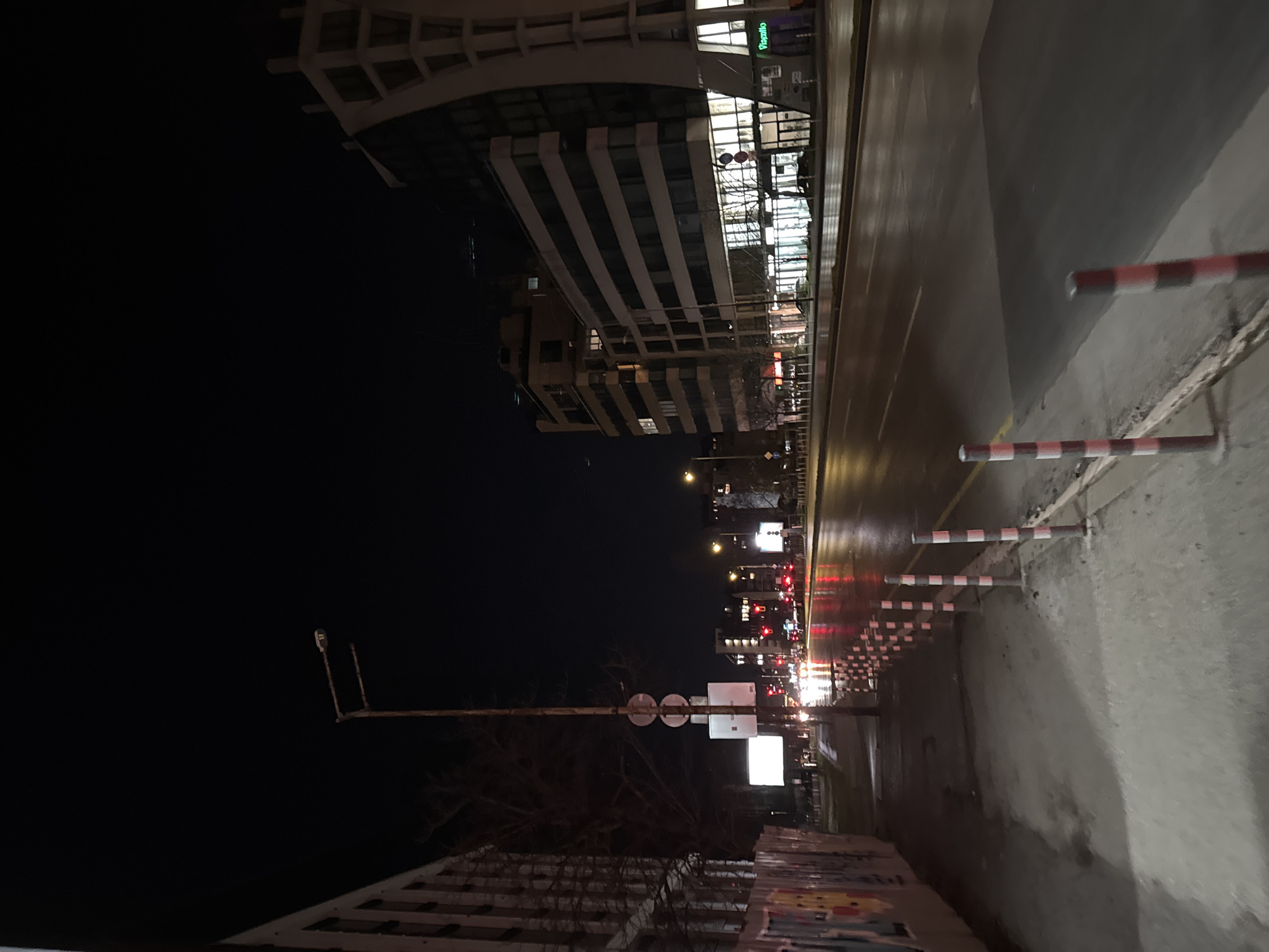 The image depicts a nighttime street scene in Sofia, Bulgaria. The road appears wet, reflecting the city lights. A modern building with horizontal stripes and a curved design dominates the top left of the frame. Streetlights and traffic signals illuminate the scene, with red lights indicating stopped vehicles in the distance. A pedestrian barrier with red and white striped posts lines the side of the road. A building with graffiti is located on the left side of the frame.