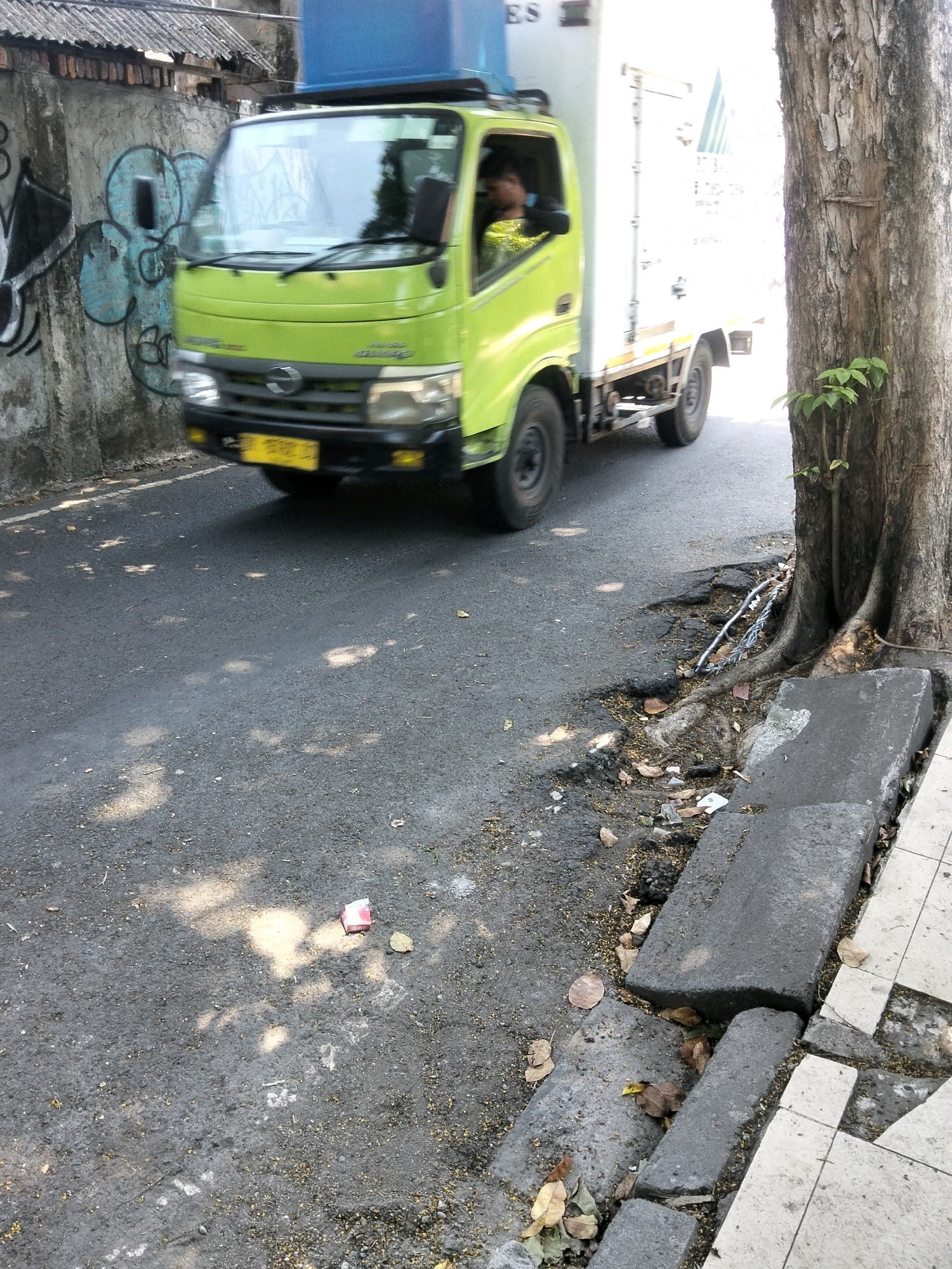 A green box truck is driving on a dark asphalt road in Kuta, Indonesia. The truck is moving from left to right. The truck has a yellow license plate. The driver's side window is open and a person can be seen inside. To the left of the road is a concrete wall with graffiti on it. To the right of the road is a large tree with exposed roots and a sidewalk made of concrete tiles. The ground is littered with leaves and debris.