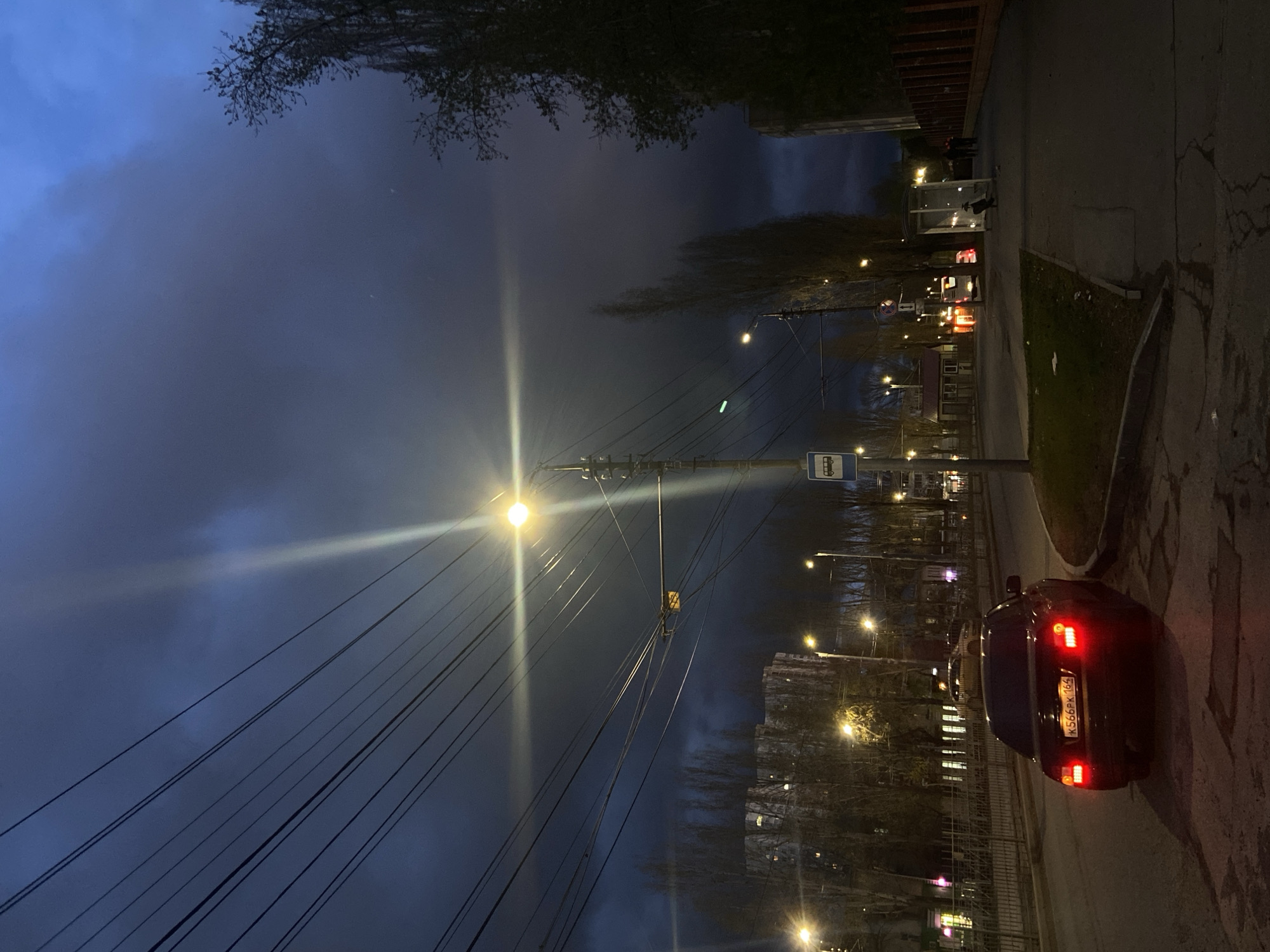The image depicts a dark urban street scene at night or late dusk in Saratov, Russia. The sky is heavily clouded and dark, with some lighter blue visible areas.
A prominent streetlight in the midground emits a strong, star-like glare, illuminating a dense network of overhead power lines and trolleybus wires that stretch across the frame. To the right, a dark car with its red taillights illuminated is visible on the street. Its Russian license plate, "К566РК 164," is clearly legible.
Further down the street, near the power line pole, there is a blue and white bus stop sign featuring a bus icon. A bus shelter is visible in the distance behind the car, and a dark figure of a person appears to be standing near it. In the background, various streetlights glow, illuminating parts of the road and several buildings with illuminated windows. Bare trees are silhouetted against the dark environment. The foreground on the right includes a sidewalk and a patch of grassy ground.
The scene portrays a typical city street with public transportation infrastructure, under an overcast night sky.