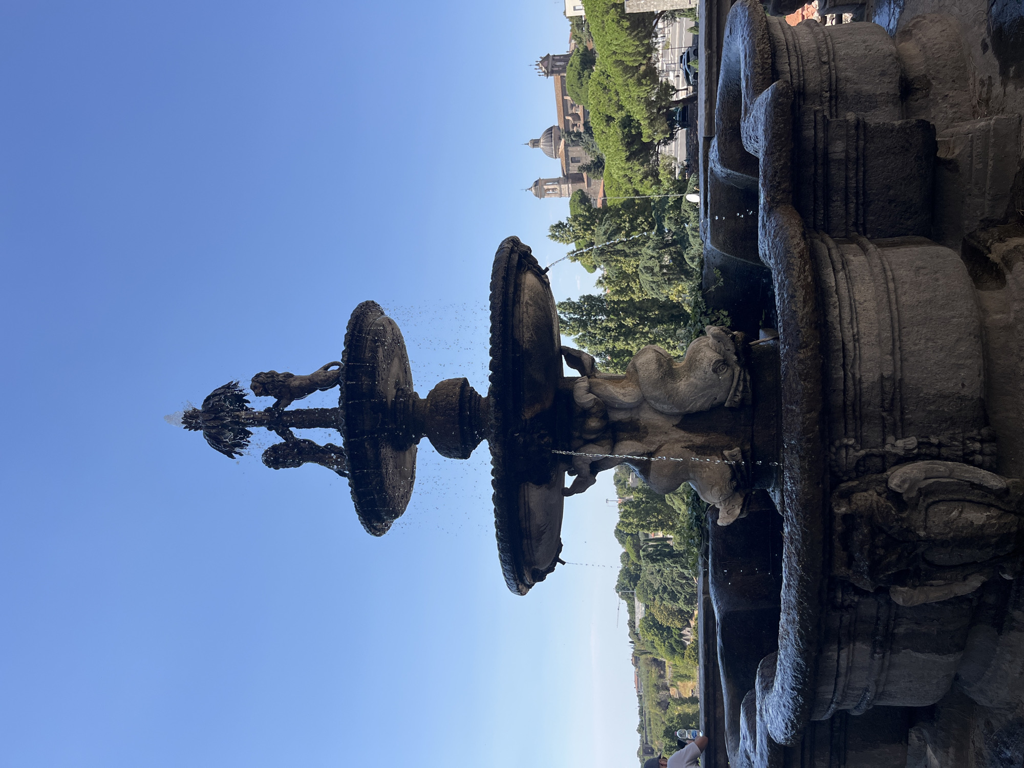 A stone fountain with multiple tiers is situated in the foreground. The top tier features three stone lions, and water streams down from each tier. Below the middle tier, there are carved figures that appear to be supporting the structure. The fountain is surrounded by a stone basin with decorative elements. In the background, a cityscape with several domed buildings and trees is visible under a clear blue sky. A person wearing a cap is seated on a ledge to the left, and another person in a white shirt is standing on the same ledge. Trees and lush greenery cover the hills behind the fountain. The scene suggests an outdoor public space in Viterbo, Italy.