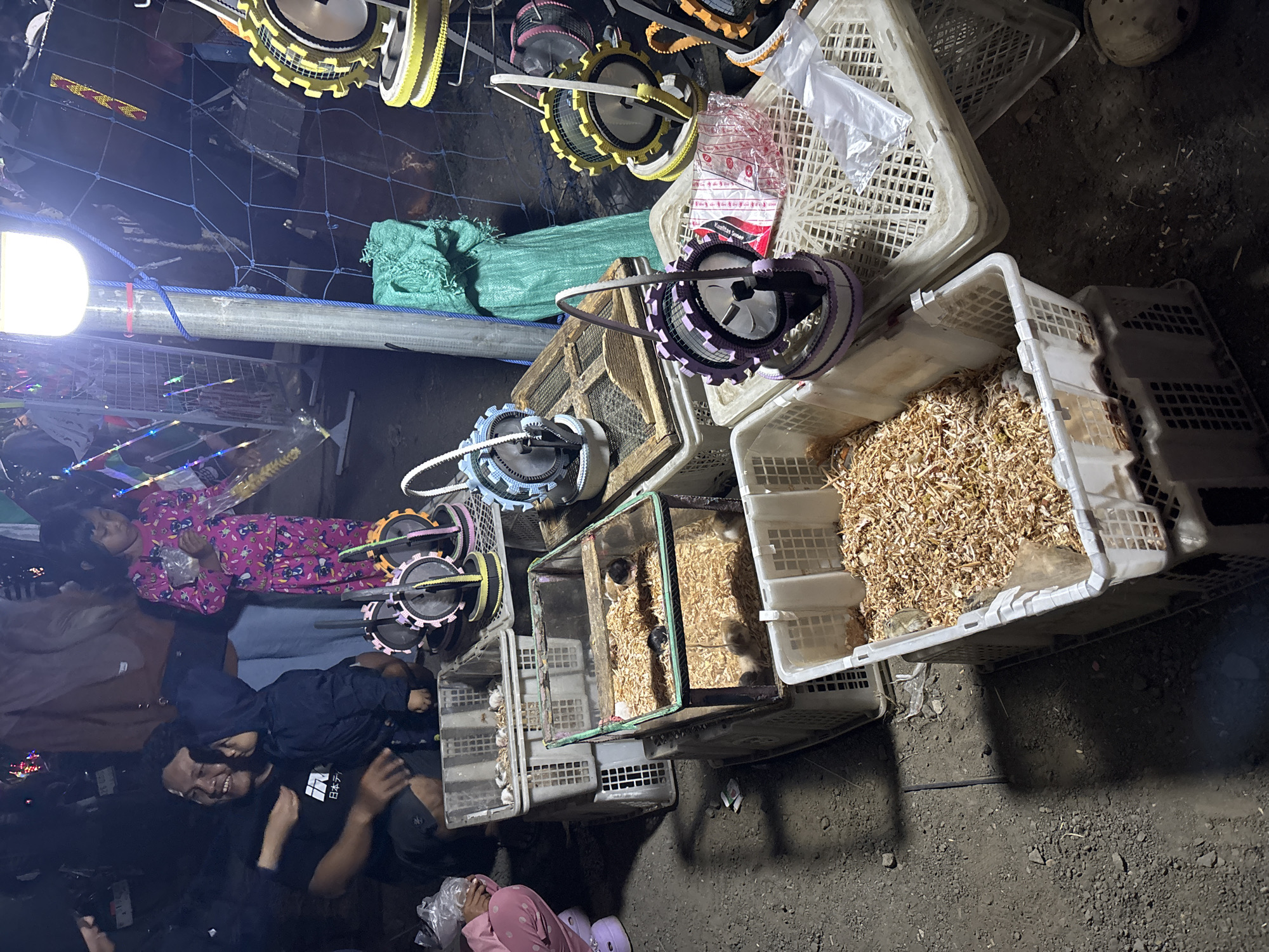 This image depicts a night scene in Panongan, Indonesia, likely at a market or outdoor event. A man wearing a dark t-shirt and shorts is crouching, smiling, and looking at a young child who is wearing a dark hooded jacket and is being held by the man. To the right, a young girl in pink pajamas with a bear print is standing and holding a yellow snack.
In the foreground and mid-ground, several white plastic crates are stacked. The crates contain small animals, possibly hamsters or mice, housed in what appears to be wood shavings. One crate in the mid-ground is a glass enclosure with a green frame, also filled with wood shavings and several small animals.
Several colorful, wheel-like objects with handles, possibly toys or decorations, are displayed on top of some of the crates. Behind the crates, a metal pole with a bright light illuminates the area. A green tarp is visible behind the light pole. The ground is covered in dirt and gravel. The overall atmosphere suggests a lively, outdoor gathering in the evening.