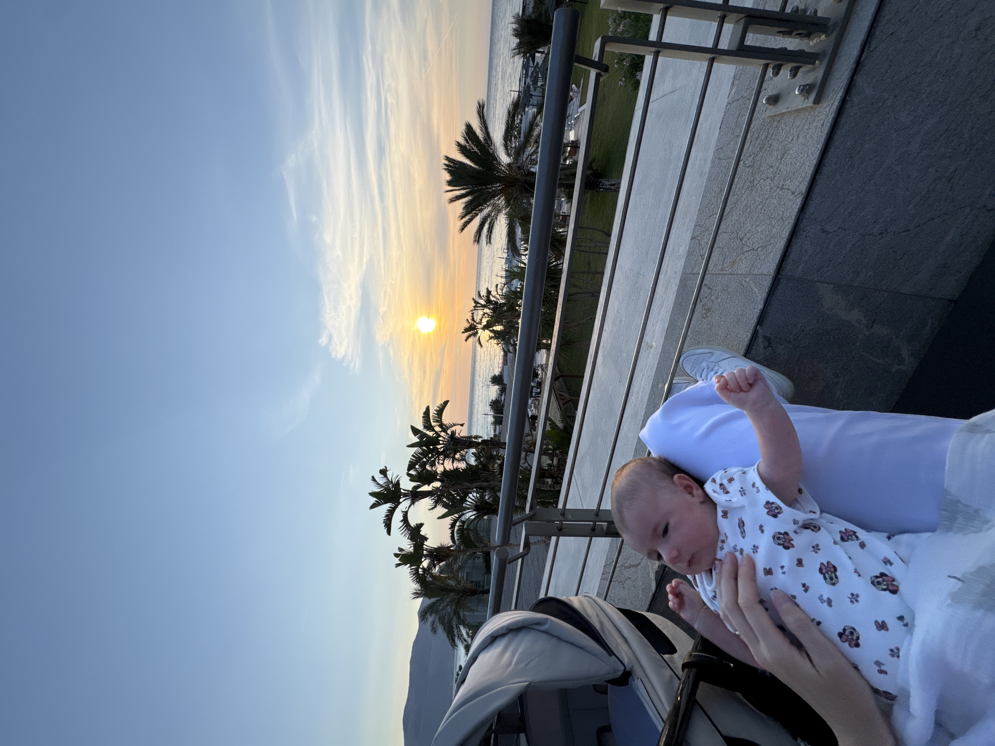 This portrait-oriented photograph captures a serene coastal sunset scene from a balcony or terrace.
In the upper half of the image, the sky transitions from a soft blue on the far left to vibrant orange and yellow hues near the horizon, where the sun is setting over the sea. Wispy clouds are scattered across the sky, particularly on the top right. The setting sun, a bright golden orb, is positioned on the horizon in the middle-left portion of the frame, casting a warm glow. Below the sun, the calm sea stretches across the mid-distance.
Several palm trees are silhouetted against the colorful sky and sea, extending upwards from the lower-left towards the center. Faint distant mountains or hills are visible on the far bottom left, suggesting a picturesque Mediterranean landscape, consistent with the location context of Isola delle Femmine, Italy.
On the right side of the image, a modern metal railing and part of a grey tiled balcony floor are prominent. In the bottom right corner, an adult's hands are gently supporting a baby. The baby is wearing a white onesie adorned with small, colorful Minnie Mouse characters and appears calm. The adult is dressed in white trousers and white sneakers, and a grey baby stroller is partially visible next to them.
The image conveys a peaceful moment at dusk, focusing on a personal connection against the backdrop of a beautiful sunset. No visible text is present.