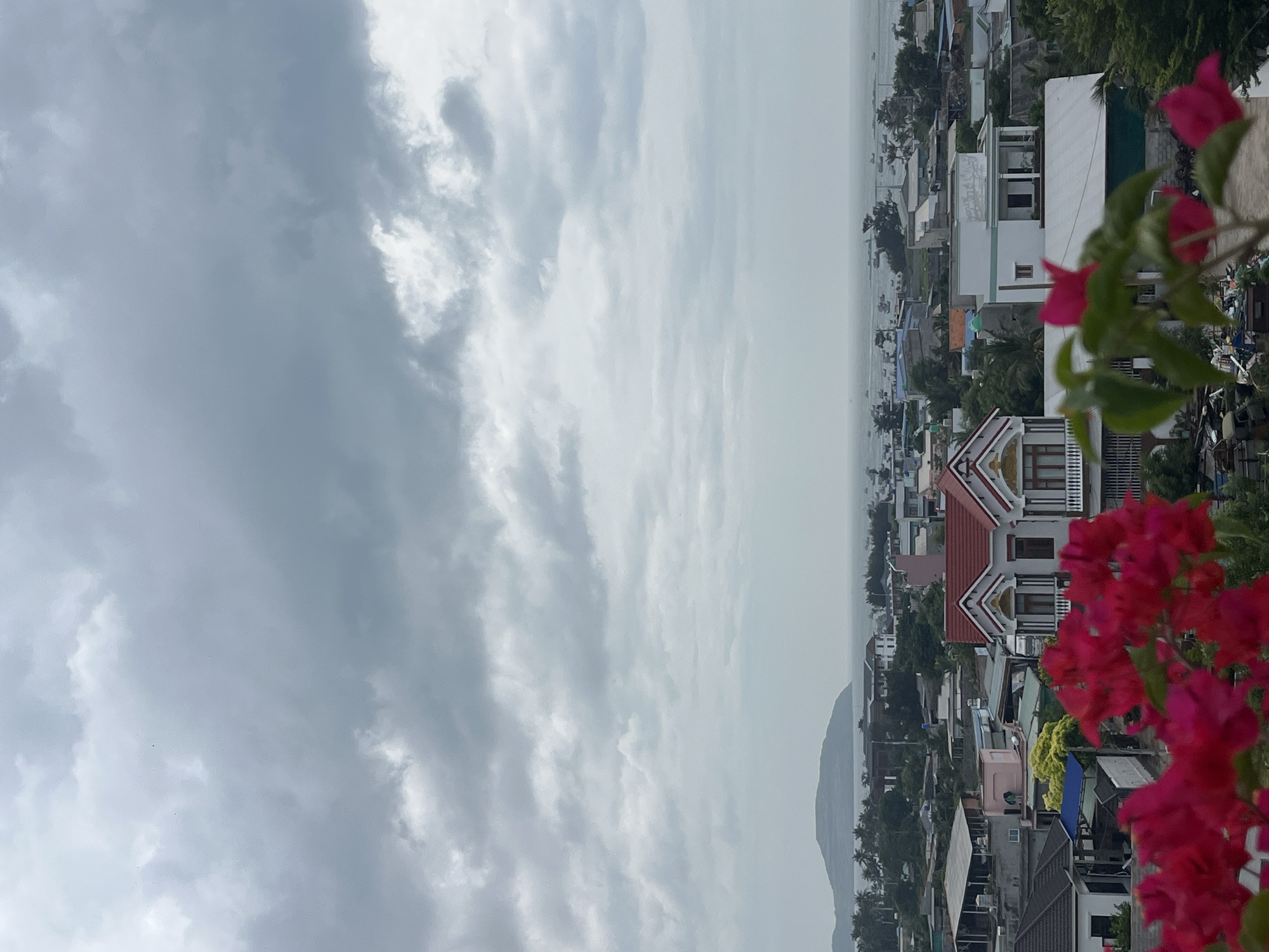 The image depicts a coastal town with a slightly overcast sky. In the foreground, vibrant pink bougainvillea flowers are in bloom, some in sharp focus and others blurred. Behind the flowers, a cluster of houses with varied architectural styles fills the midground. One prominent house features a red, pitched roof with white trim, decorative window frames, and a white balcony. To its right is another house with a similar white facade and balconies. Further back, more houses, some with flat roofs, are visible, interspersed with lush green trees and palm trees. The scene extends to the coastline, where the ocean stretches towards a distant, undulating hill or island. Numerous small boats are scattered across the water, suggesting a fishing village or harbor. The overall impression is a residential area within Mũi Né, Vietnam, characterized by its coastal proximity and tropical flora.