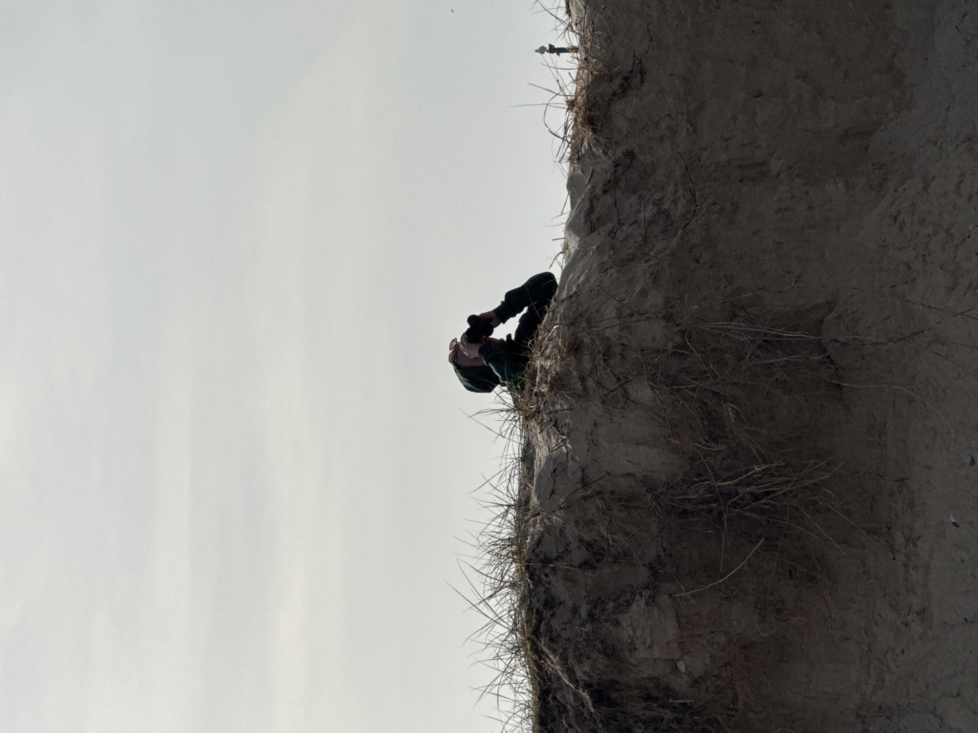 A low-angle, slightly tilted, outdoor shot depicts a person seemingly clinging to the side of an earthen cliff, possibly in Gorleston-on-Sea, United Kingdom. The person is wearing dark clothing, possibly gloves, and a green jacket, with a pink or reddish object visible near their face. They are situated against the right side of the frame, appearing to grip the cliffside. The cliff face is composed of light-colored soil, with sparse vegetation sprouting from its surface. The left side of the frame is occupied by a pale, overcast sky.