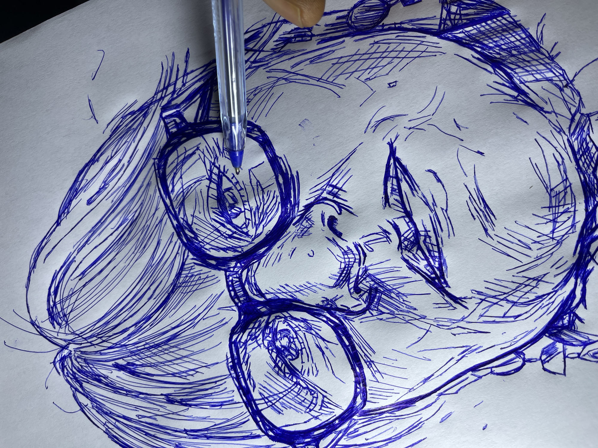 A close-up, low-angle pen and ink sketch on white paper depicts a portrait of a person wearing glasses. The drawing is done in blue ink with a scribbled, cross-hatched style, emphasizing shadows and contours. The subject's face is the primary focus, with visible details of their eyes behind the lenses, the nose, and the mouth. Hair is indicated by flowing lines, and what appear to be earrings are sketched on the sides of the head. A hand holding a pen is partially visible in the upper right corner, with the pen tip near the subject's right eye, suggesting the drawing is in progress. The background is plain white paper. There is no indication of the location within the city of Jos, Nigeria, or any environmental context beyond the paper itself.