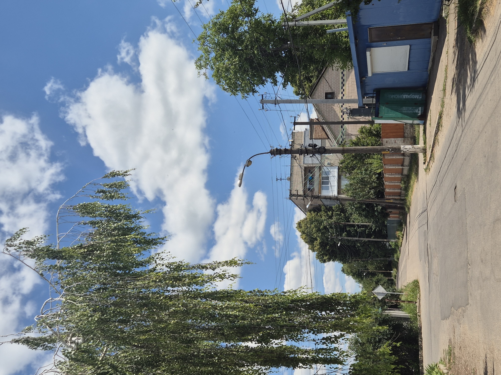 A paved road runs through a residential area in Sozonivka, Ukraine, under a bright blue sky with scattered white clouds. On the left side of the road, a large tree with long, drooping branches partially obscures the view of a building and a diamond-shaped road sign. The road is uneven and shows signs of wear.
Further down the road on the right, a blue utility building with a closed white shutter and a wooden door is visible. Next to it is a green electrical transformer. Overhead, a network of power lines and utility poles crisscrosses the scene. Residential buildings, some with balconies, and brick fences line the street. Dense green trees and foliage are abundant throughout the area, creating a suburban or rural atmosphere. The lighting suggests it is daytime, likely late morning or afternoon, with shadows cast by the trees and structures. No people are visible in the image.
