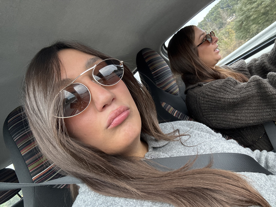 Two females are depicted inside a vehicle, likely in Le Cannet-des-Maures, France, as specified. The primary subject, positioned in the foreground and slightly to the left, has long brown hair and is wearing a light grey marled sweater. She wears large, reflective, gold-framed sunglasses with one lens partially obscured by the frame design, and her lips are slightly pursed. A dark grey seatbelt is visible across her chest. In the background, to the right and slightly lower, a second female is visible, also with brown hair, wearing a dark brown ribbed sweater and smaller, dark-lensed sunglasses. She is looking out the vehicle's window, which reveals green foliage and what appears to be a natural, possibly hilly or mountainous, landscape, consistent with a drive through a vegetated area. The car's interior includes a seat with a striped headrest featuring horizontal bands of brown, black, and muted colors. The scene suggests travel, with the primary subject taking a selfie and the secondary subject observing the external environment.