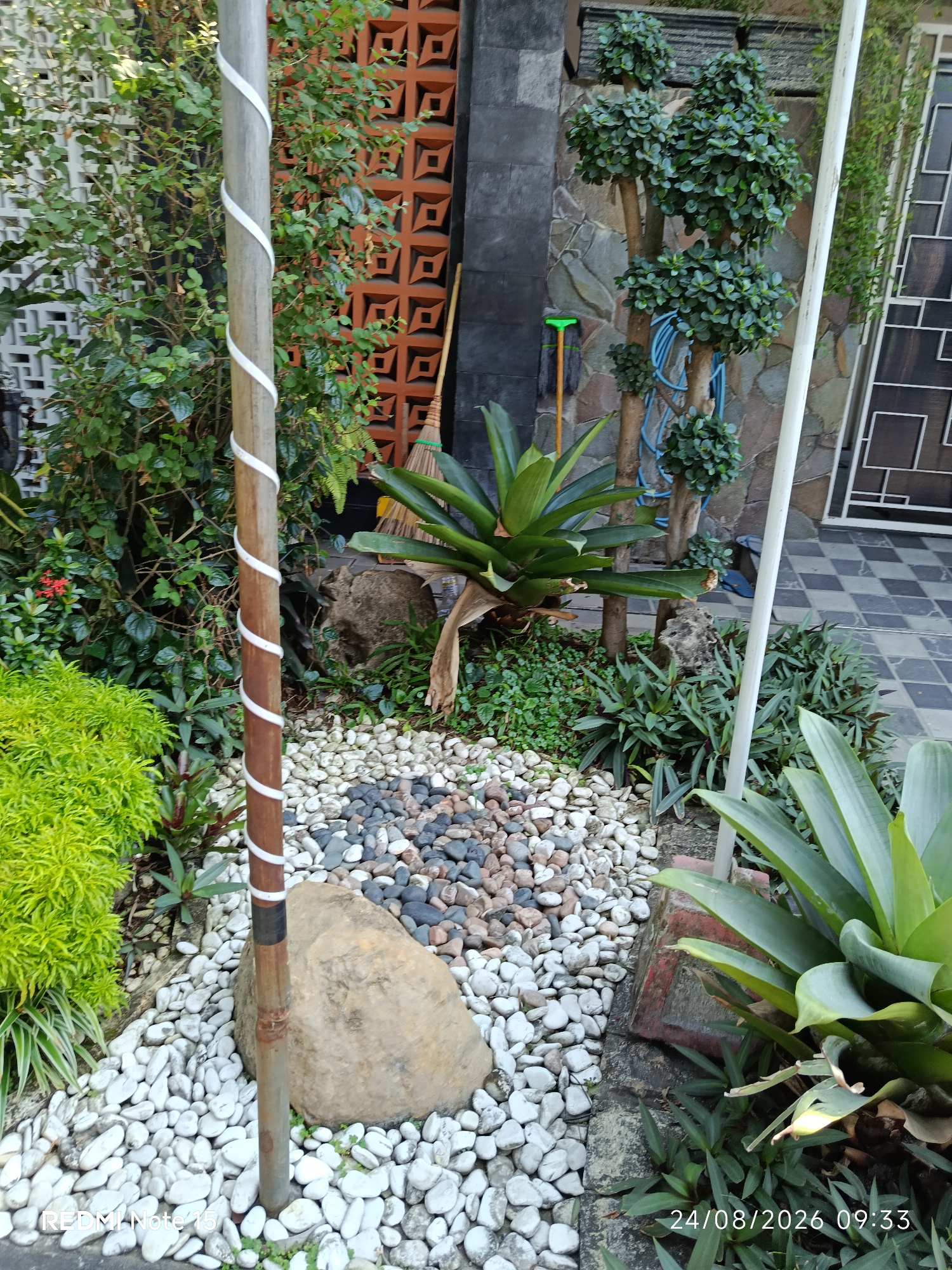 The image depicts a close-up view of a garden area in Keboananom, Indonesia. In the foreground, a thick, weathered wooden pole stands vertically, wrapped with a white spiral design. It is surrounded by a decorative arrangement of smooth, rounded pebbles, with a large, rough-textured boulder situated to its left. To the left of the pole and boulder, vibrant, lime-green foliage forms a dense bush. In the background, a variety of plants and garden elements are visible, including larger leafy plants with broad green leaves, a trimmed tree with multiple branches, a broom leaning against a textured wall, and a blue hose. The ground beyond the pebbles transitions to a patterned tiled area. The overall scene is one of an outdoor garden space, likely a residential or public area.