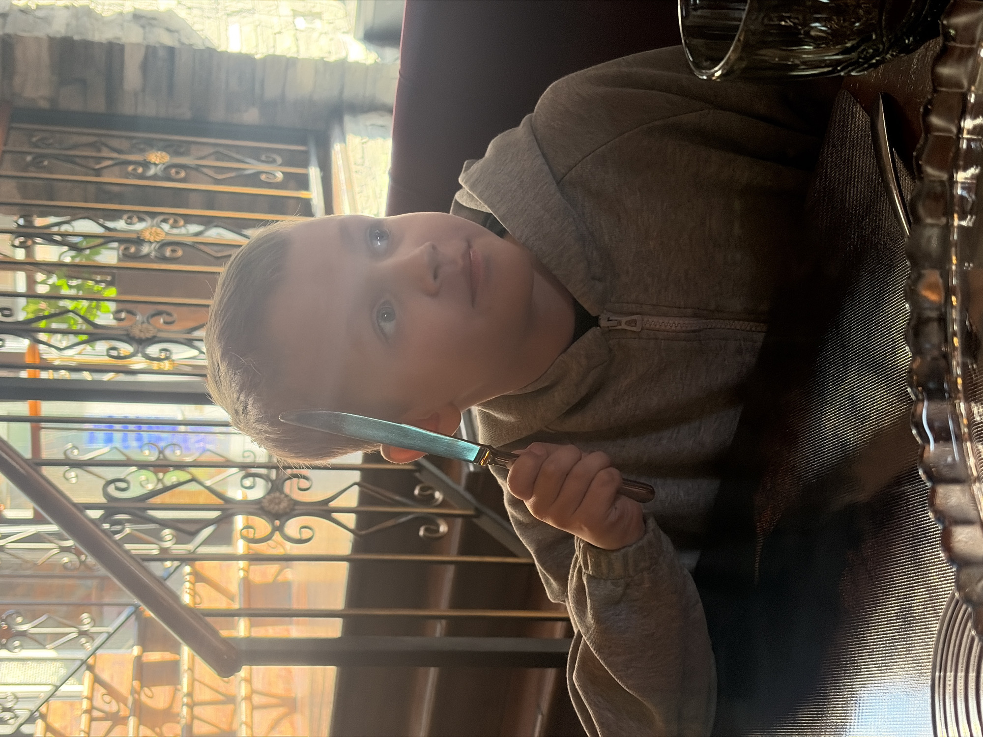 A young boy with light hair and blue eyes is the central subject of this photograph, captured indoors in what appears to be a restaurant or cafe. He is wearing a light grey hooded sweatshirt and is seated at a table, looking directly at the camera with a neutral or slightly curious expression. In his right hand, he holds a table knife with a reflective silver blade and a darker handle.
The setting features significant natural light entering from the left, casting warm highlights and creating shadows. To the right of the boy, part of a table setting is visible, including a dark placemat or tablecloth, a clear glass, and a decorative metallic object. Behind him is a dark-colored chair or booth.
The background reveals ornate metal grilles with intricate, scrolled patterns, suggesting decorative windows or partitions. Through these grilles, an indoor staircase with wooden steps and a railing is visible, indicating a multi-level interior. Hints of outdoor greenery are also discernible through the windows. The overall atmosphere suggests a well-lit, possibly upscale or traditionally designed dining environment in Saint Petersburg, Russia. No visible text is present.