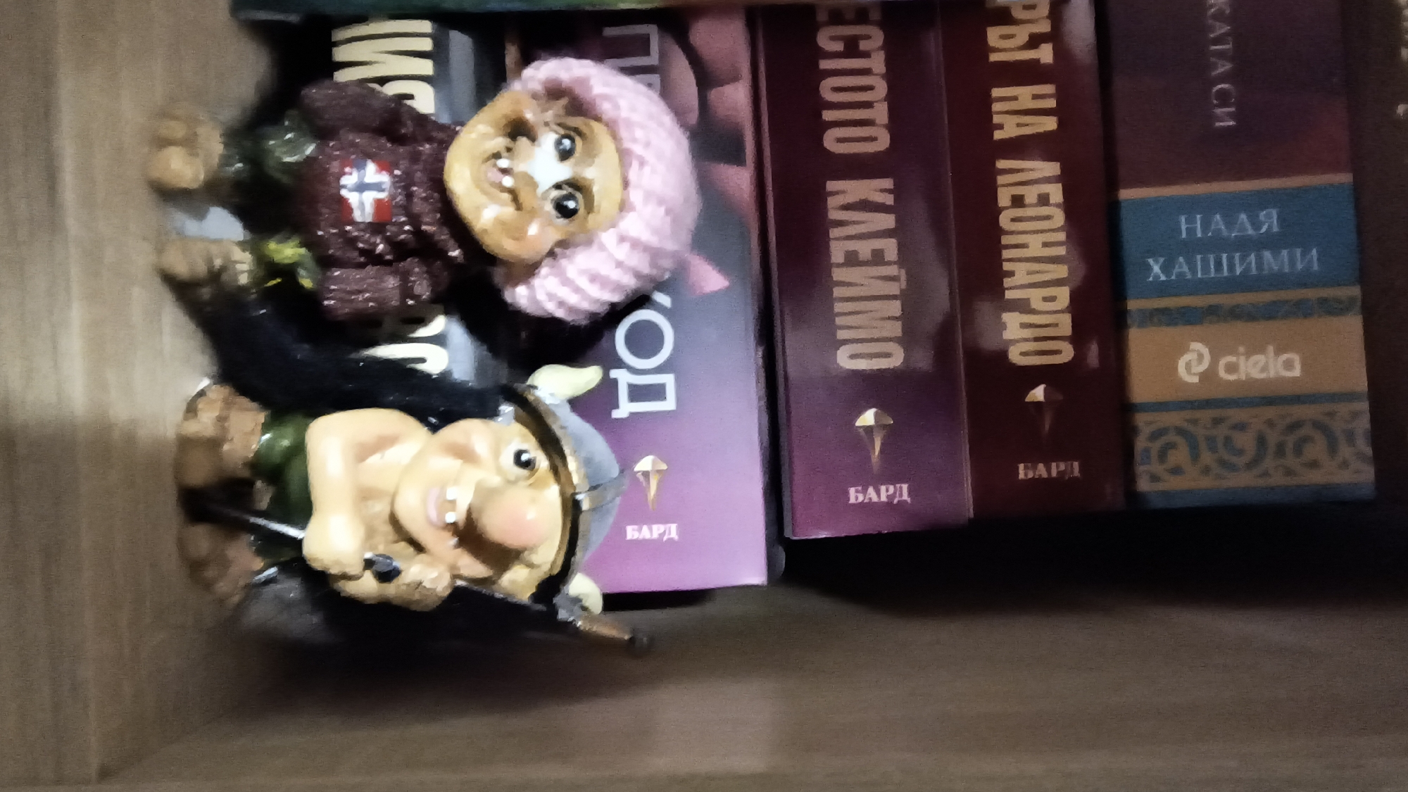 A close-up, slightly tilted, indoor shot depicts a bookshelf or shelf containing books and two small, cartoonish figurine objects.
The books have spines facing forward, with Bulgarian text visible. One spine reads "КАТА СИ", "НАДЯ ХАШИМИ", and has the name "@ciela" printed on it. Another spine reads "РЪТ НА ЛЕОНАРДО", "БАРД". Further spines read "ЕСТОТО КЛЕЙМО" and "ПИКОД", "ОД", "БАРД".
Two figurine objects, possibly trolls or gnomes, are resting on the books. One is wearing a red outfit with a white cross design, along with a pink knitted hat. The other is wearing a helmet and is carrying a small object resembling a weapon.
The general environment suggests a home library or bookshelf display. The scene does not have any indicators that point to Sofia, Bulgaria.