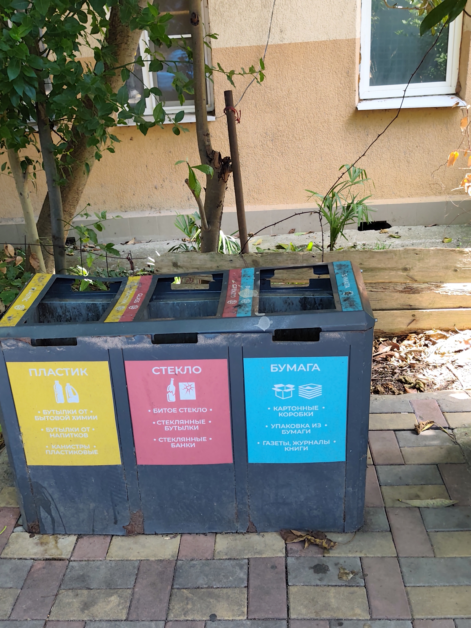 The image shows a recycling bin with four compartments, each designated for a different type of waste: plastic, glass, and paper. The bin is located outdoors, in what appears to be a public space. The compartments are color-coded and labeled in Russian. The yellow compartment is for plastic, and lists "bottles from household chemicals," "bottles from beverages," and "plastic canisters." The pink compartment is for glass, and lists "broken glass," "glass bottles," and "glass jars." The blue compartment is for paper, and lists "cardboard boxes," "paper packaging," and "newspapers, magazines, books." A fourth compartment, partially visible on the right, is also labeled with Russian text and a symbol indicating paper recycling. The recycling bin is set against a building with a textured, peach-colored wall and a white-trimmed window. Lush green foliage from a tree overhangs the bin. The ground is paved with interlocking brick pavers in shades of red, grey, and brown, with fallen leaves scattered on the surface. The overall scene suggests a well-maintained urban environment focused on waste management.