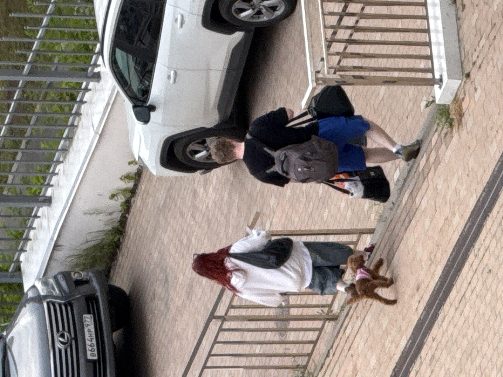 A person with long red hair walks up a ramp, wearing a white hoodie, gray pants, and carrying a black bag over their shoulder. A small brown dog with a pink collar is walking ahead of them. Behind them, a person wearing a black t-shirt, blue shorts, and sneakers is walking up the same ramp, carrying a gray backpack and two black bags. The scene takes place on a paved ramp with a metal railing. A white SUV is parked to the right of the ramp, and a dark SUV is partially visible in the background to the left. The overall setting appears to be an outdoor urban environment, possibly near a parking area or residential complex.