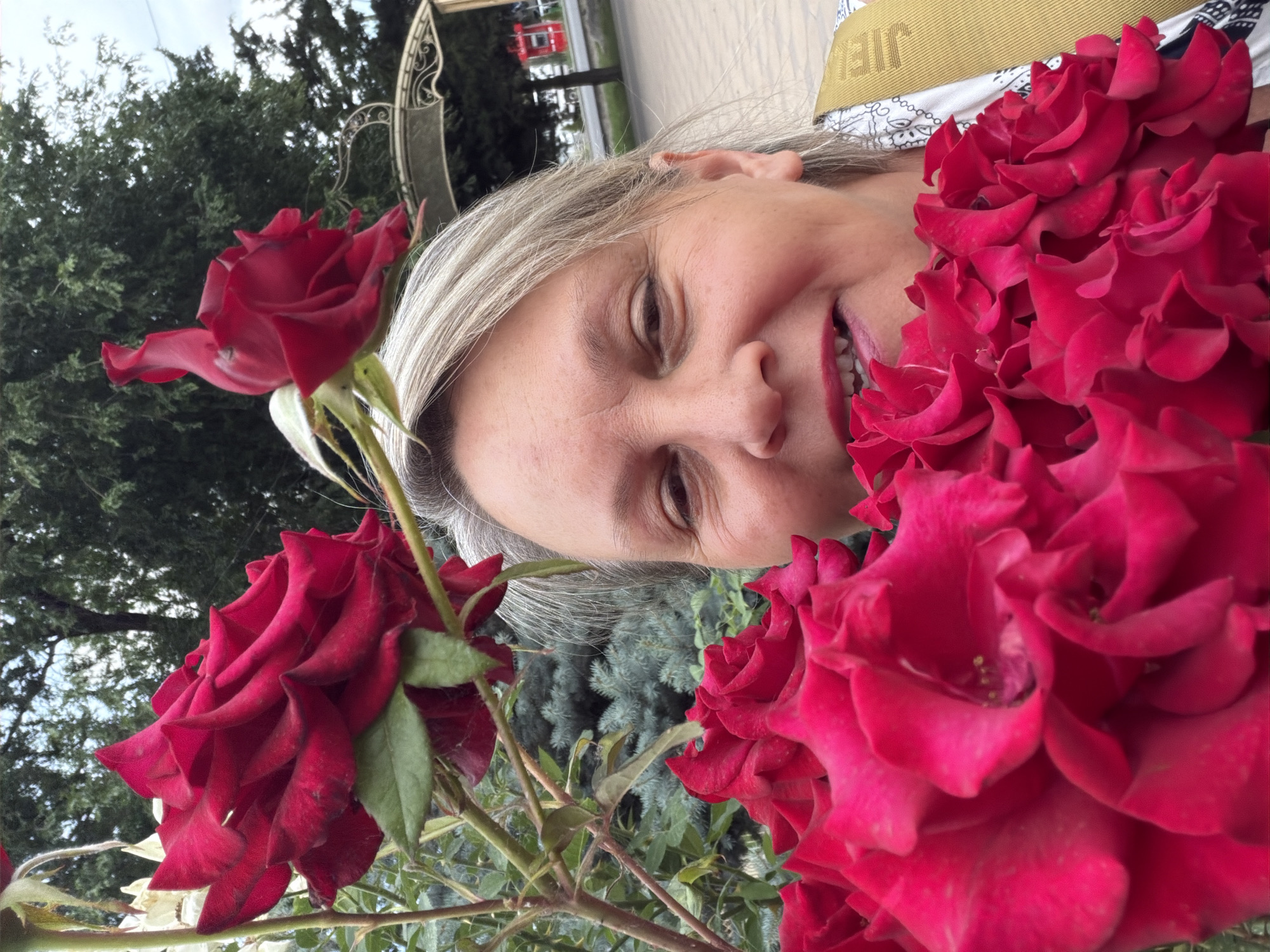 In this medium-shot, outdoor, selfie-style photograph, a woman with light brown hair, styled in a side part, smiles as she holds a bouquet of vibrant red roses in front of her face. She is wearing a white blouse with a black, intricate pattern and a yellow strap is visible over her right shoulder, possibly from a bag. Her lips are painted a bright red, and her teeth are visible as she smiles. The background features lush green trees, some of which are coniferous, and a glimpse of a decorative archway. Beyond the archway, a paved walkway and a street with a red vehicle and trees are visible. The lighting suggests it is daytime. The specific location in the city is unknown.