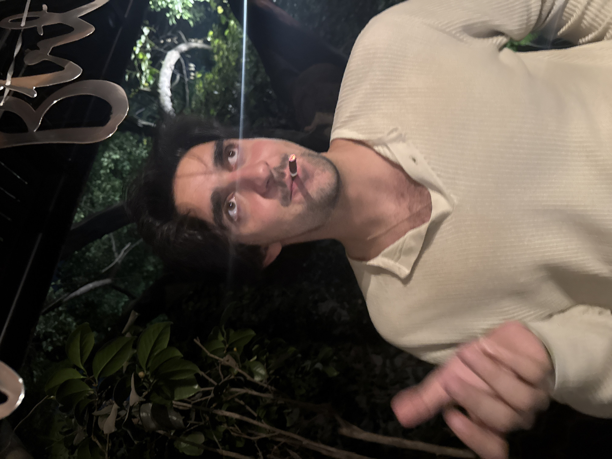 A man with dark hair and a short beard is seen from a low-angle perspective, looking directly at the camera while smoking a cigarette. He is wearing a light-colored, textured, long-sleeved shirt. His right hand is blurred in the lower right of the frame. In the background, there are green plants and foliage, along with what appears to be outdoor lighting fixtures and a metal object that says "birthday." The overall setting appears to be outdoors, possibly at night. Without additional information, the specific location within Mexico City, Mexico, cannot be determined.