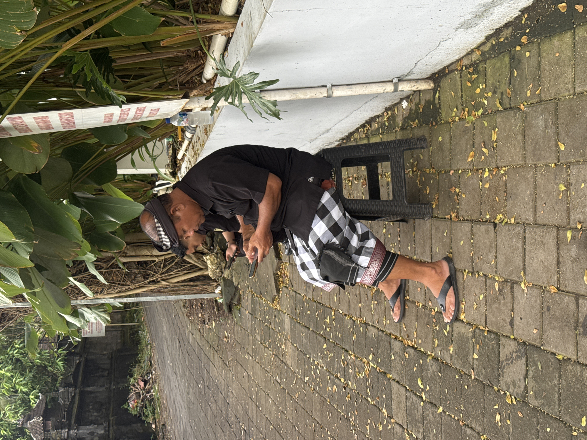 An outdoor scene features an individual in traditional Balinese attire, resting on a black plastic stool on a paved pathway. The person, likely male, is wearing a black long-sleeved shirt, a black and white checkered sarong (kamen) with a decorative red and white border at the bottom, and a traditional Balinese head covering (udeng) in black and white. They are also wearing black flip-flops. The individual is leaning forward, looking down, and appears to be holding a dark-colored object, possibly a mobile phone, in their hands. Another person is partially visible behind the main subject, also wearing a black shirt.
The ground is a pathway constructed of rectangular pavers, which are partially covered with scattered yellow leaves. Adjacent to the pathway, there's a white wall or barrier, along which runs a white pipe secured by metal clips. A small plastic water bottle rests near this pipe. Lush green tropical foliage, including large-leafed plants and exposed tree roots, forms the background, suggesting a natural or garden-like environment.
A white sign with vertical red stripes and some black, unreadable text is partially visible amongst the foliage and near the wall. On the side of the black plastic stool, the word "JOLLY" is visible. The scene appears to be taking place during the daytime in a warm climate, consistent with the Kuta Selatan region of Indonesia. The overall impression is one of a quiet moment of rest or waiting.