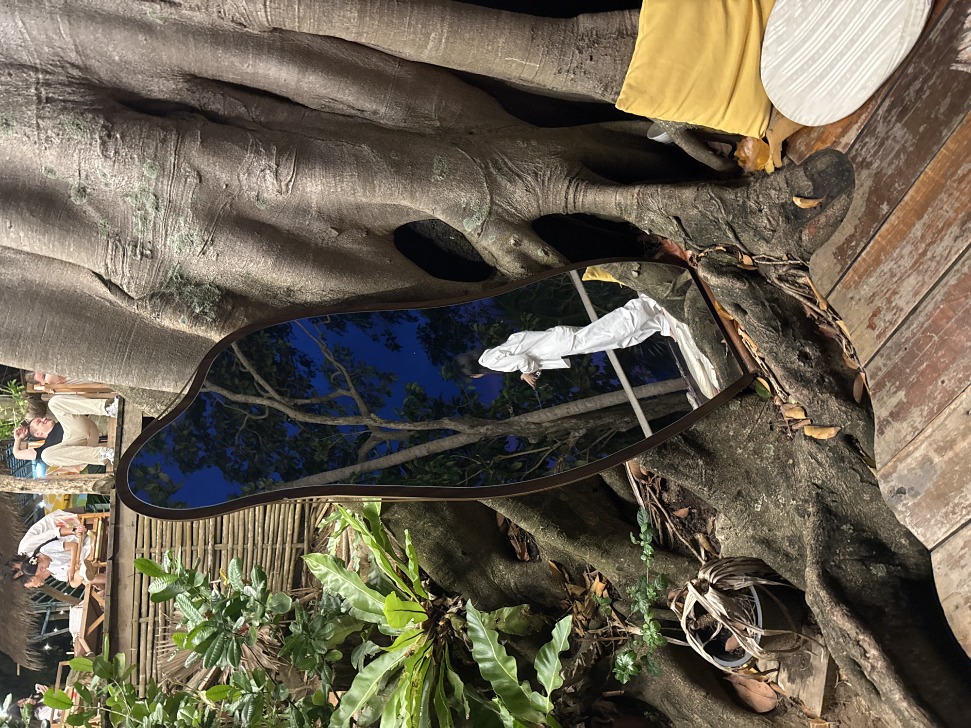 This is a nighttime outdoor media file, taken in Karon, Thailand. The scene features a large, ancient tree with a prominent mirror placed against its trunk, reflecting the dark blue night sky and the branches of the tree. Two people are visible in the reflection, one wearing a white garment, and another partially visible.
In the foreground, to the left, are lush green plants, suggesting a tropical environment. To the right, wooden planks create a pathway or seating area. Scattered on the ground are fallen leaves and dried plant matter. A yellow cushion and a round, patterned object, possibly a table, are visible on the upper right side, nestled near the tree's roots and trunk. The overall ambiance is serene and natural, with the reflection in the mirror adding a touch of mystery. The time of day is clearly nighttime, indicated by the dark sky. There is no visible text in the media file.