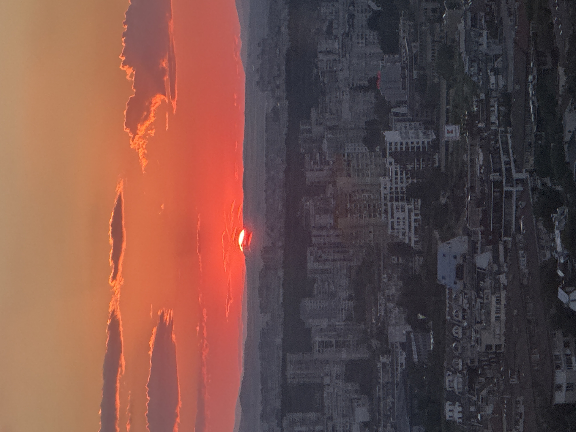 The image captures a sunset over the city of Sofia, Bulgaria. The sky is a vibrant orange and red, with scattered clouds illuminated by the setting sun, which is partially visible on the horizon. Below the sky, a sprawling cityscape is visible, characterized by numerous buildings of varying heights, including apartment blocks and smaller structures. The buildings are mostly gray or white, with some appearing to be in disrepair or under construction. Trees and vegetation are interspersed throughout the urban landscape, particularly in the lower portion of the image. The overall impression is that of a densely populated urban environment bathed in the warm glow of twilight.