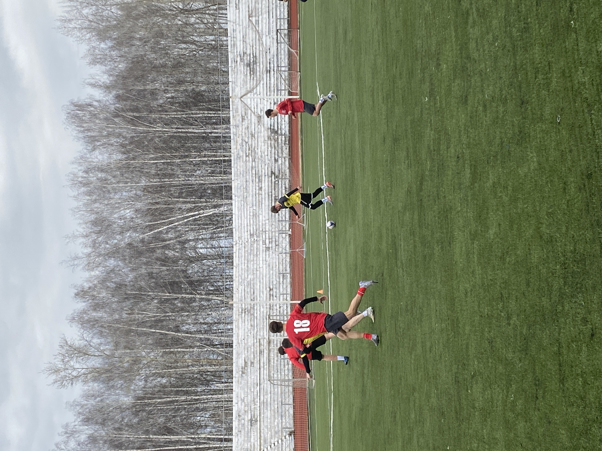 The image depicts a soccer field with several people participating in a game or practice. The location is possibly in Chaikovsky, Russia, based on the presence of birch trees.
**People:** There are at least four individuals visible. Three are wearing red jerseys, and one is wearing a yellow and black jersey. One person in red is wearing the number 18 on their back.
**Subjects:** The main subject is the soccer players engaged in gameplay or drills.
**Objects:** A soccer ball is visible in the image. There are bleachers and a soccer goal in the background. A tall cluster of birch trees lines the back edge of the field.
**Actions:** The players are engaged in activities such as running, kicking, and potentially passing the ball.
**Interactions:** Players are interacting with each other and the ball.
**Environment:** The field is covered in green grass, and the setting appears to be outdoors. The sky is overcast and suggests a cloudy day. The presence of bare trees suggests either early spring or late autumn.
