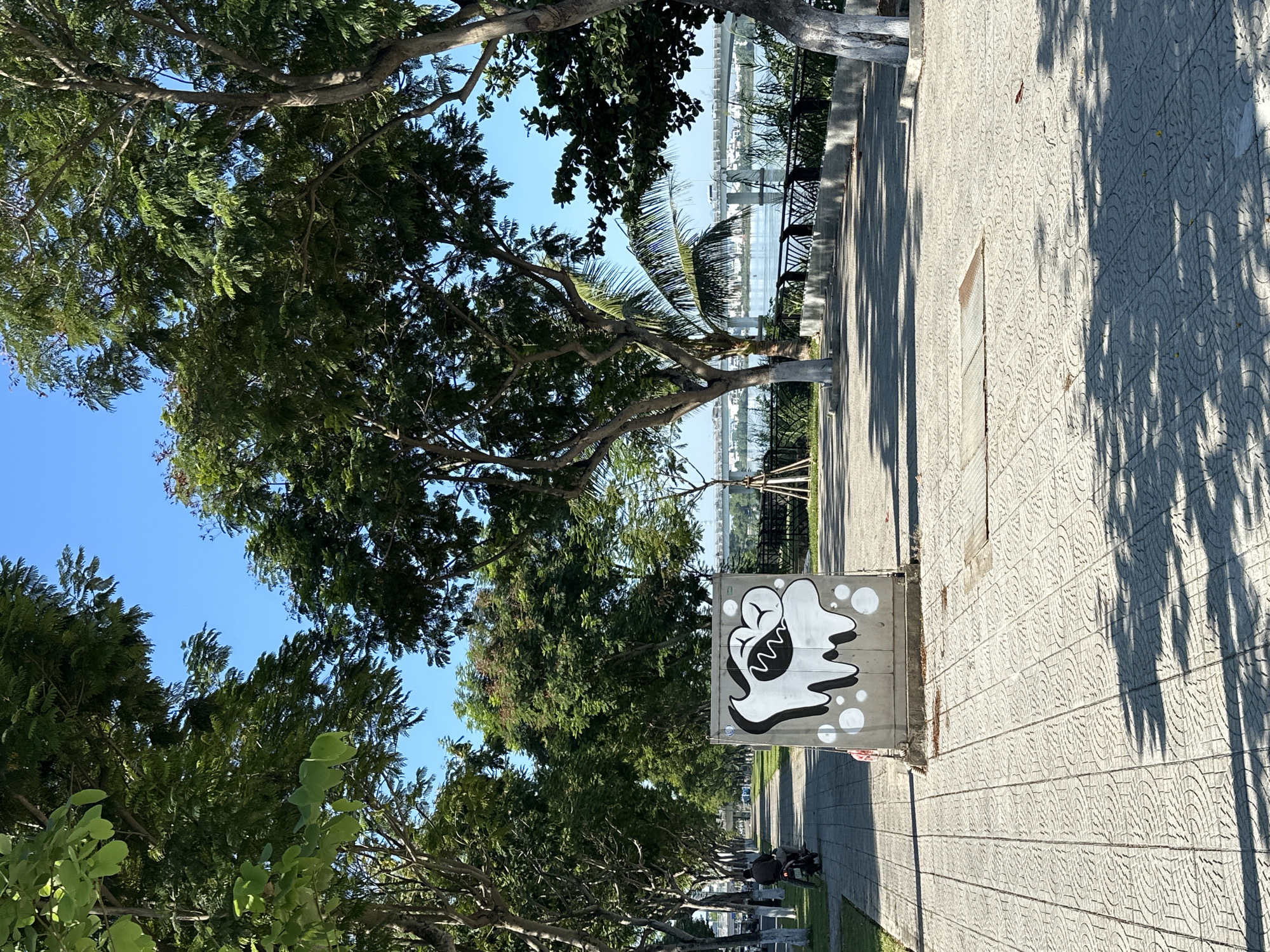 This image captures a sunlit scene along a paved walkway lined with lush green trees, likely in the city of Da Nang, Vietnam. In the foreground, a concrete utility box is adorned with a stylized black and white graffiti of what appears to be a cartoonish monster or animal face with sharp teeth and circular eyes. The walkway is paved with decorative, patterned tiles that cast dappled shadows from the overhead foliage. To the left, a person is seen riding a motorcycle away from the viewer, heading down the tree-lined path. Beyond the walkway, a black metal railing separates the path from a body of water, possibly a river or bay, with a bridge visible in the distance. The sky is a clear, bright blue, suggesting a warm and pleasant day. The overall impression is one of a well-maintained urban park or promenade, offering a peaceful urban oasis.