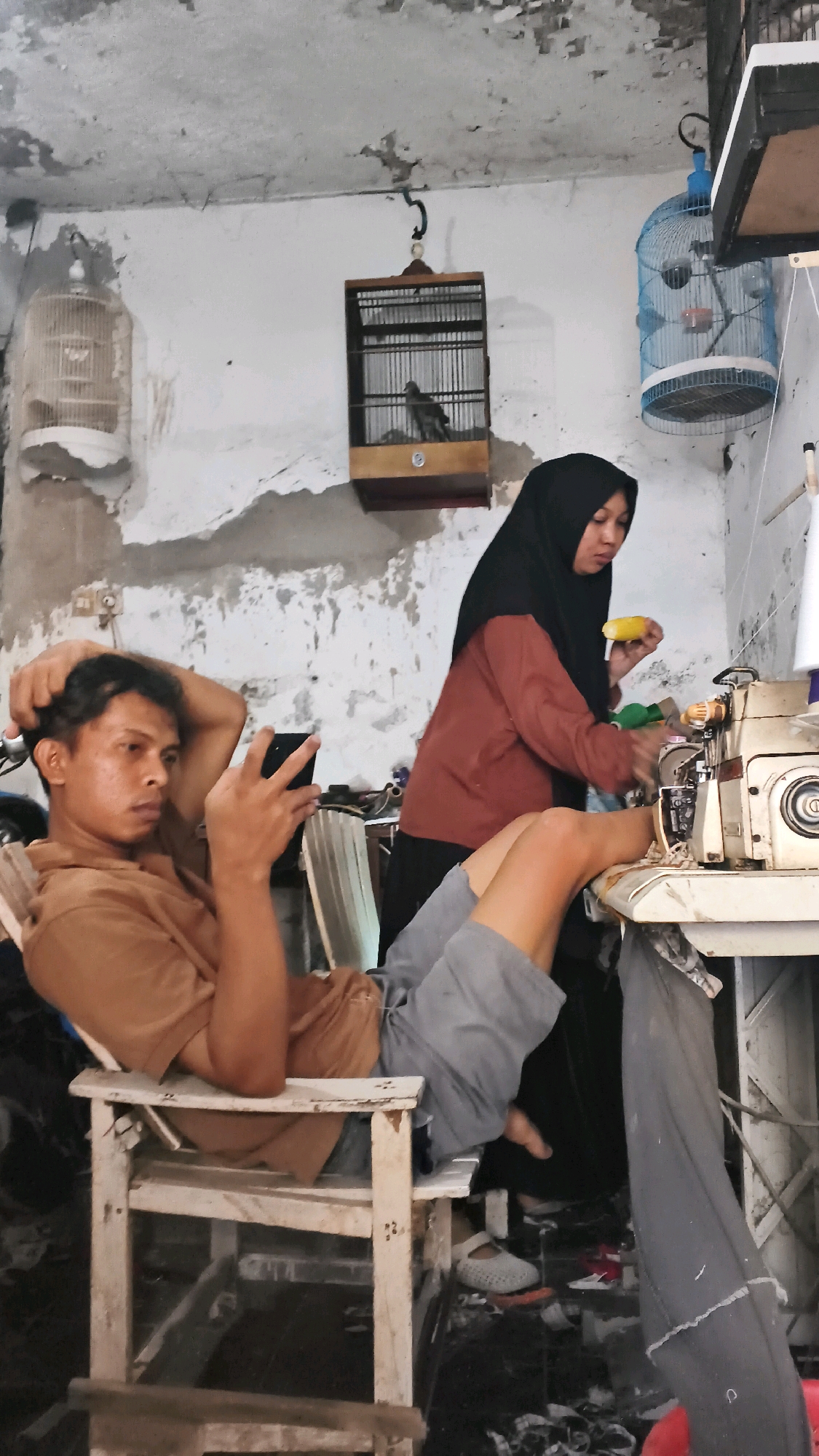 A man is seated in a wooden chair, looking at his phone. He is wearing a brown shirt and gray shorts. A woman in a black hijab and a reddish-brown shirt is standing behind him, operating a sewing machine. There are several bird cages hanging from the wall, some with birds inside. The environment appears to be an indoor workshop or living space with a rough, unfinished wall. The overall scene suggests a domestic or small business setting in Indramayu, Indonesia.